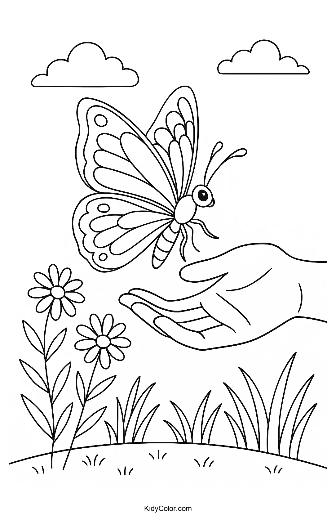 Butterfly landing on a hand coloring page