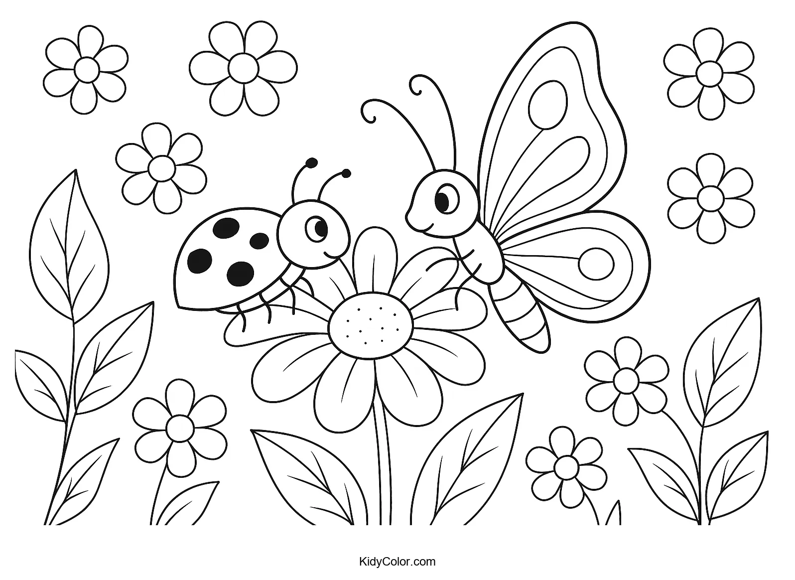 Butterfly and ladybug on a flower coloring page