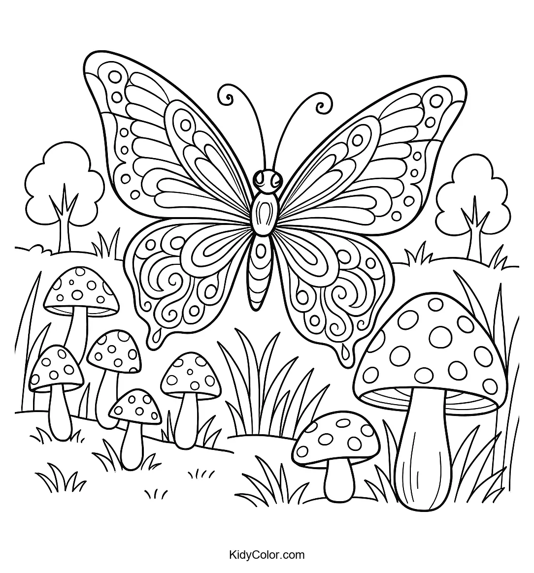 Butterfly in a mushroom clearing coloring page