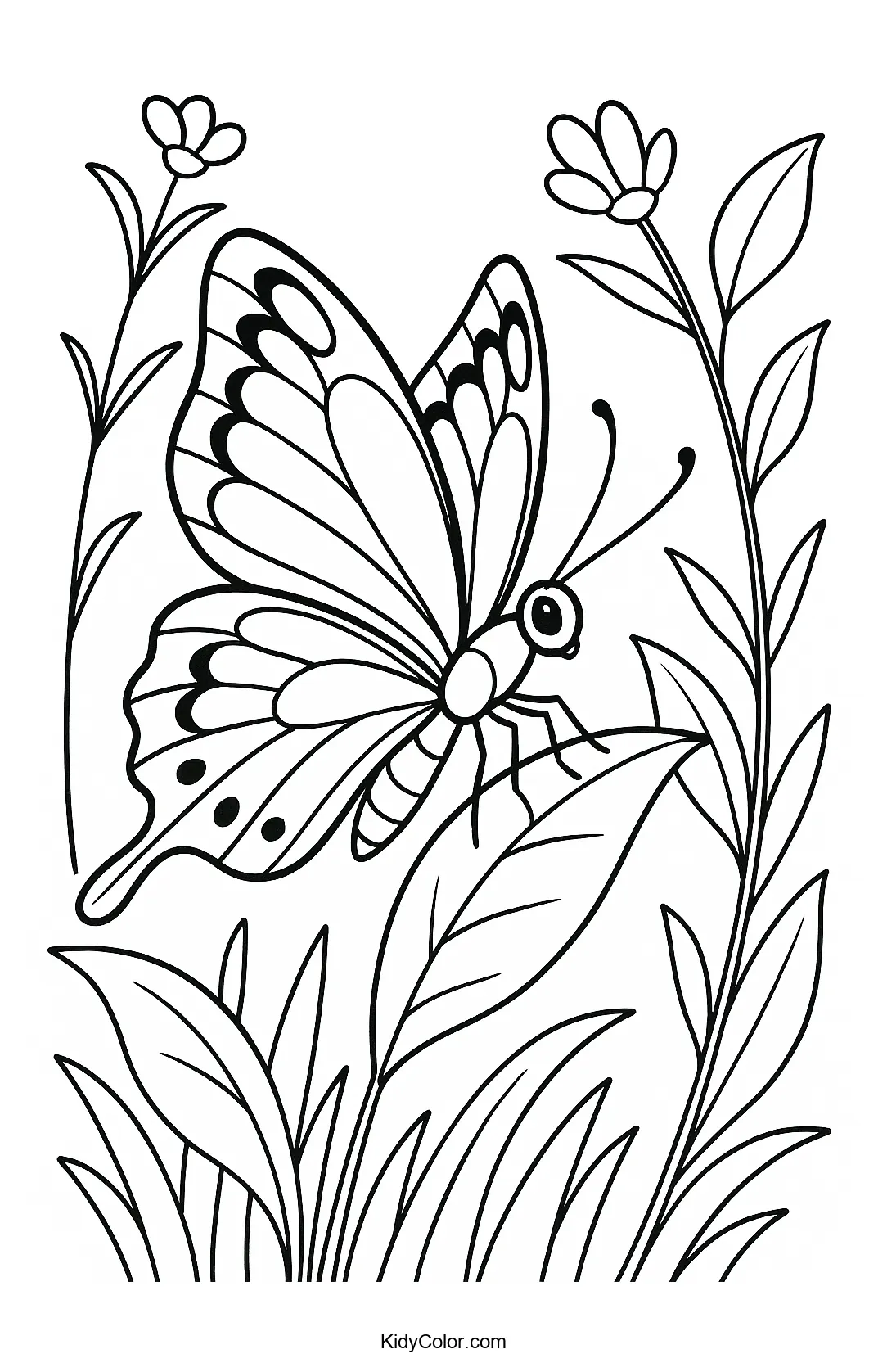 Detailed butterfly on a leaf coloring page