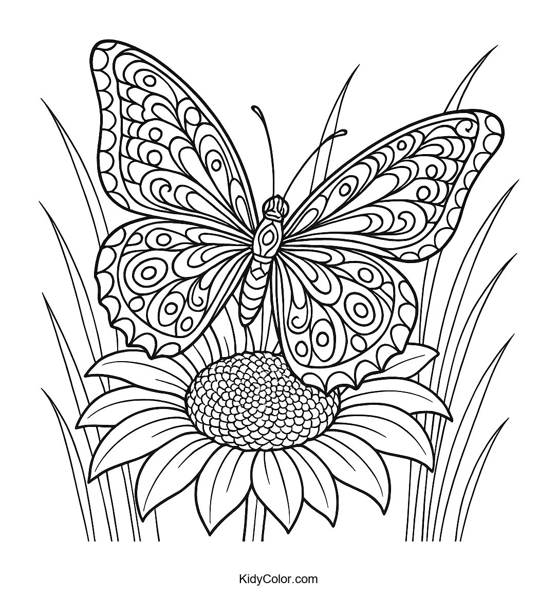 Butterfly perched on a sunflower coloring page