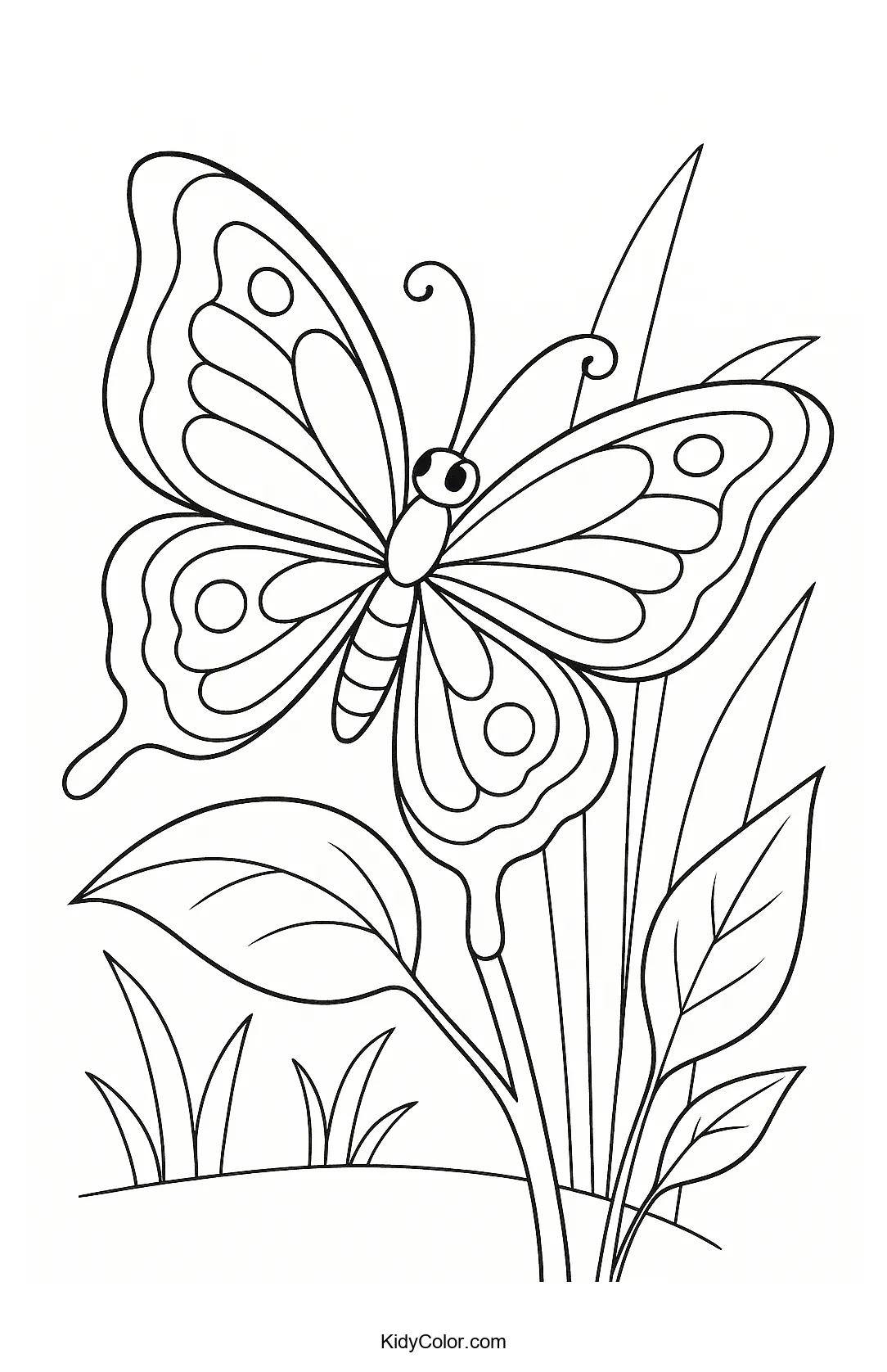 Butterfly resting on a curved leaf line art for coloring.
