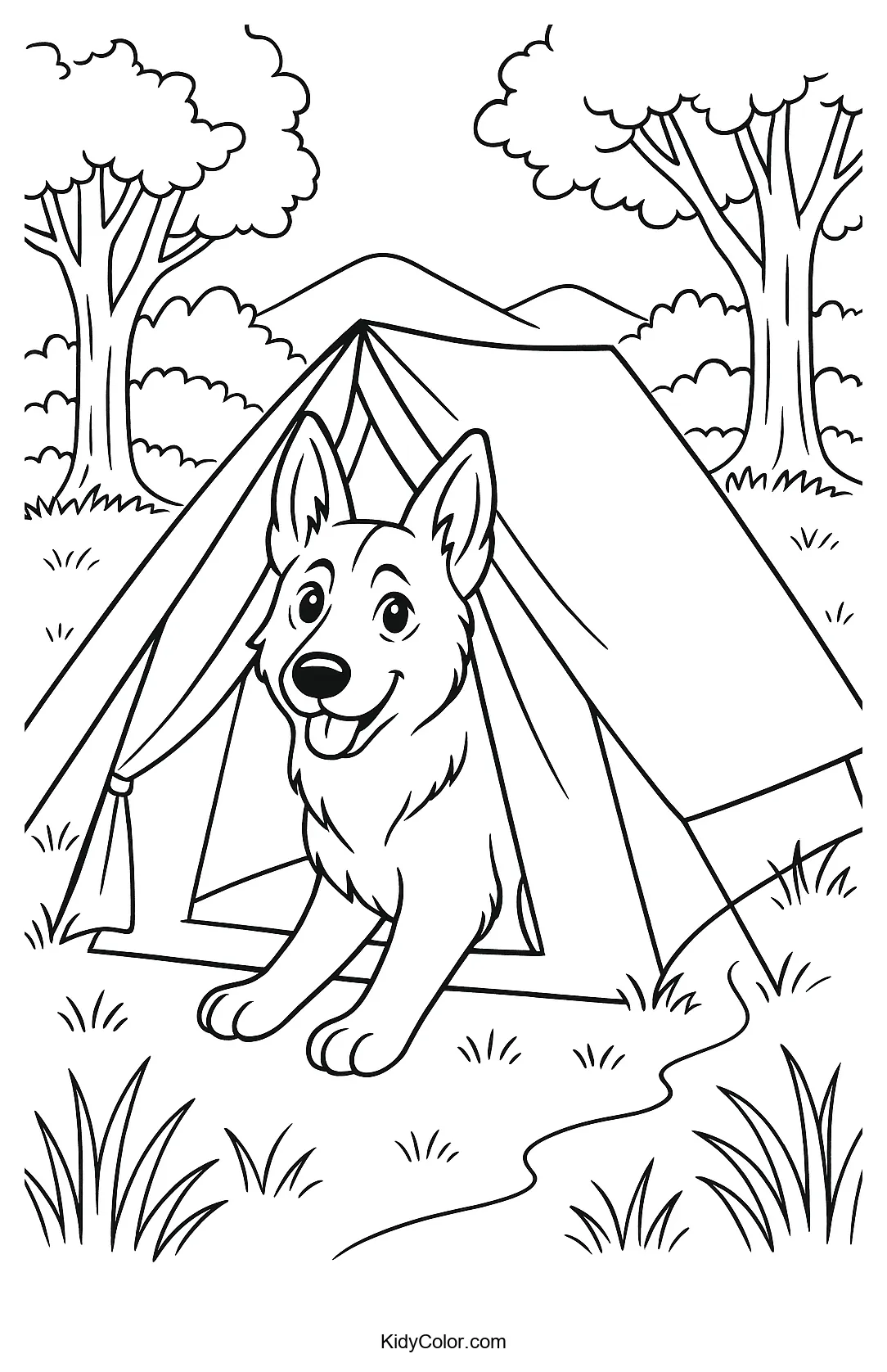 Shepherd dog by a campfire at a campsite