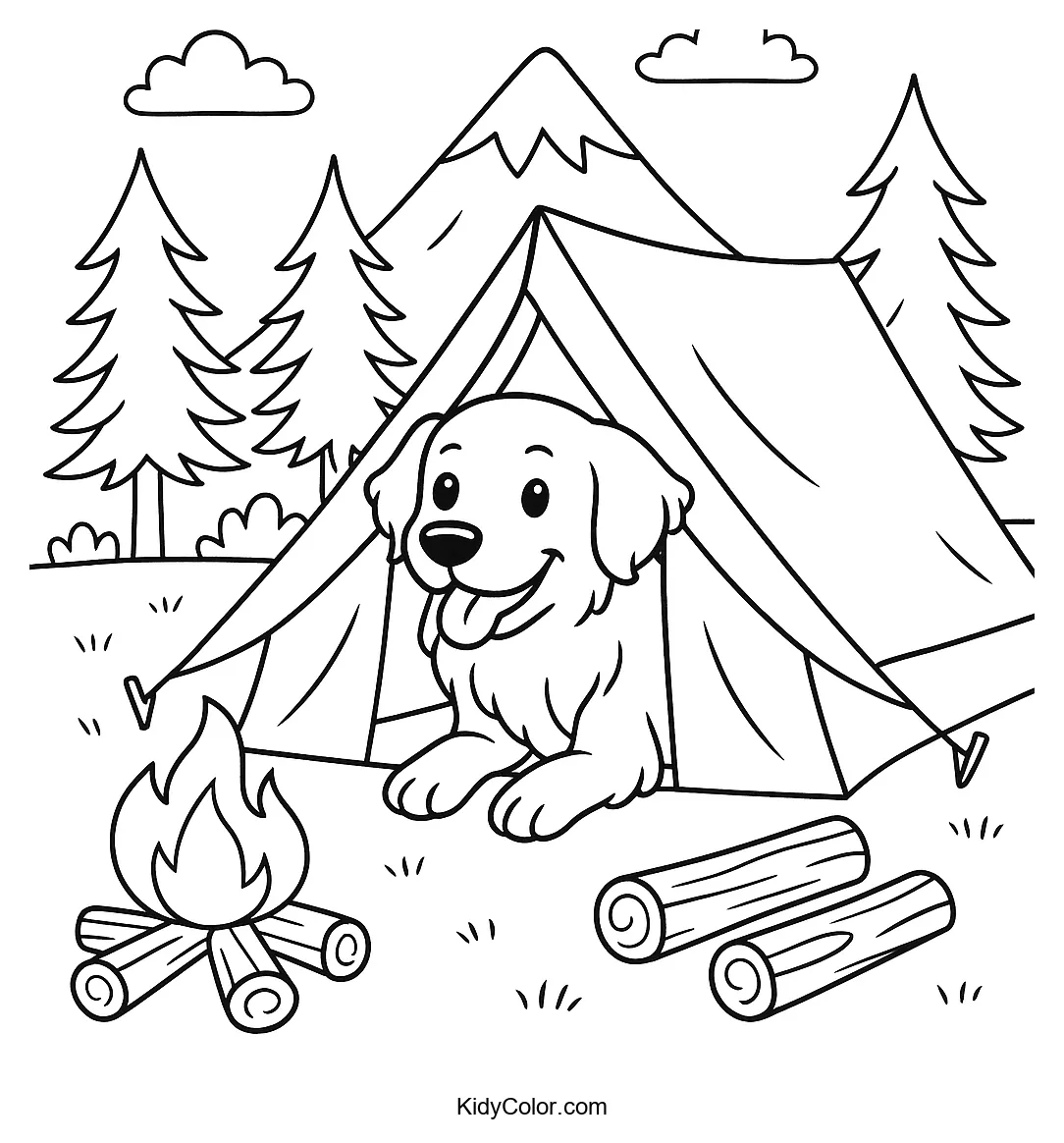 Child and a dog camping scene coloring page