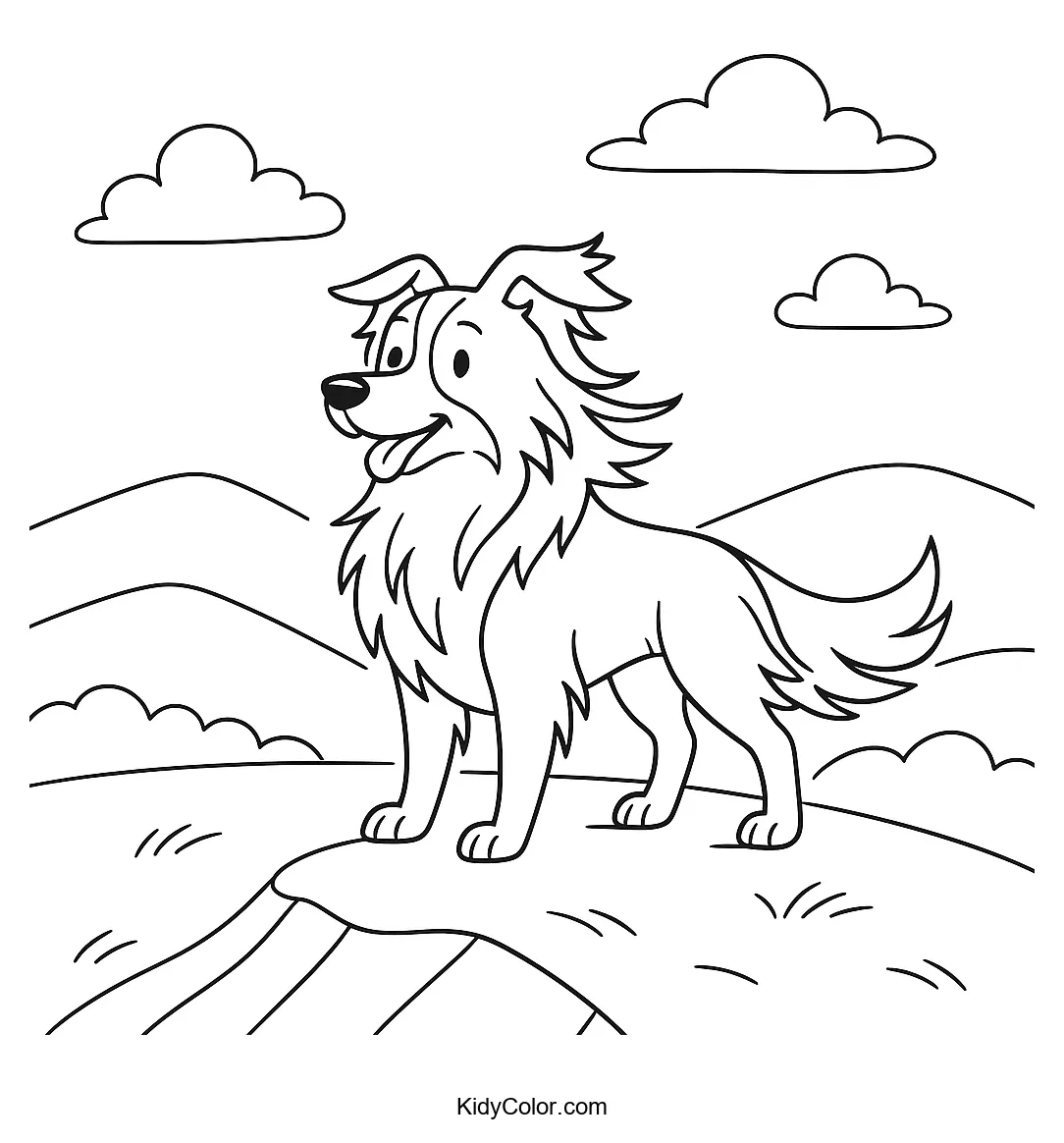 Cartoon Border Collie on rolling hills