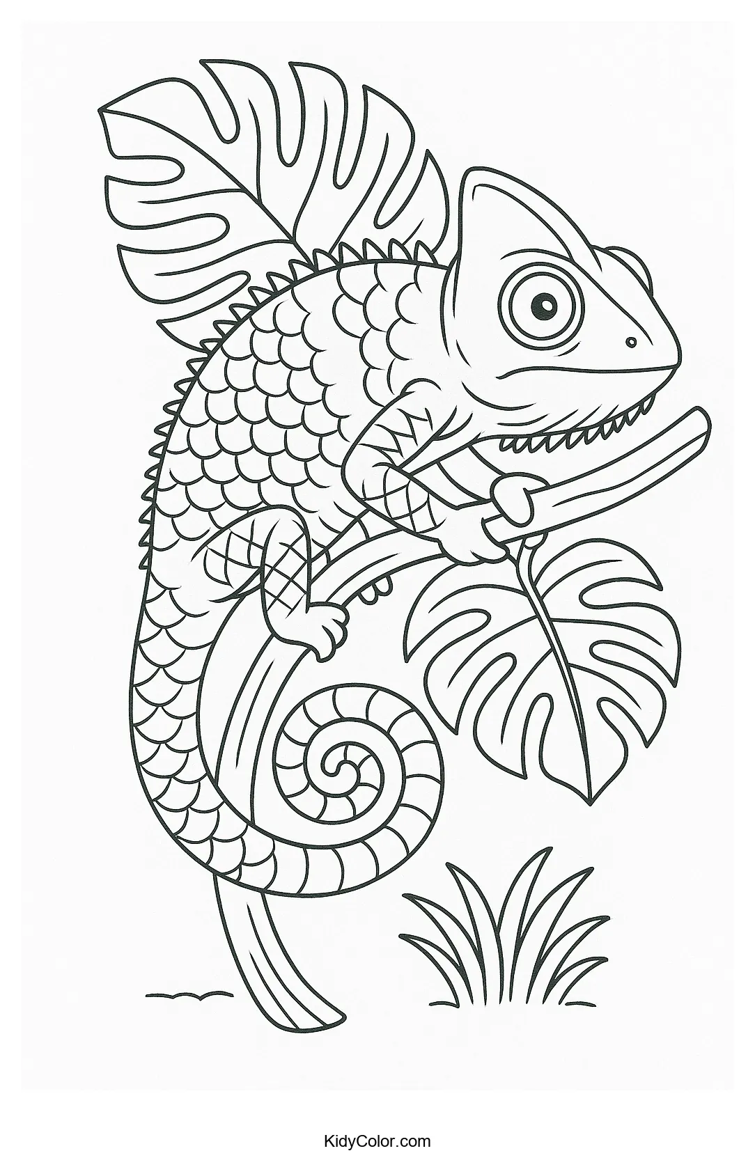 Cartoon chameleon sitting on a branch