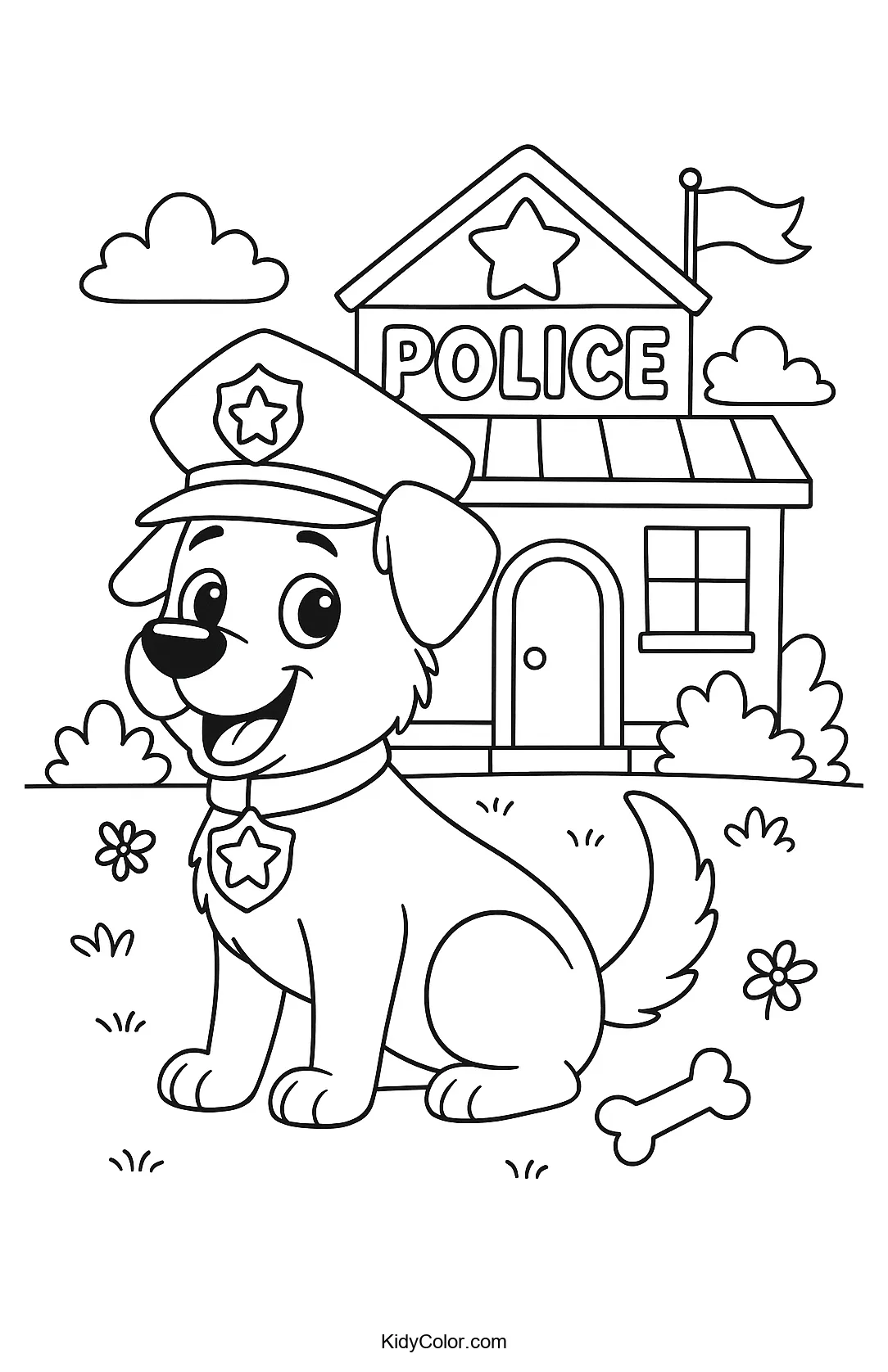 Cartoon police dog in front of a station