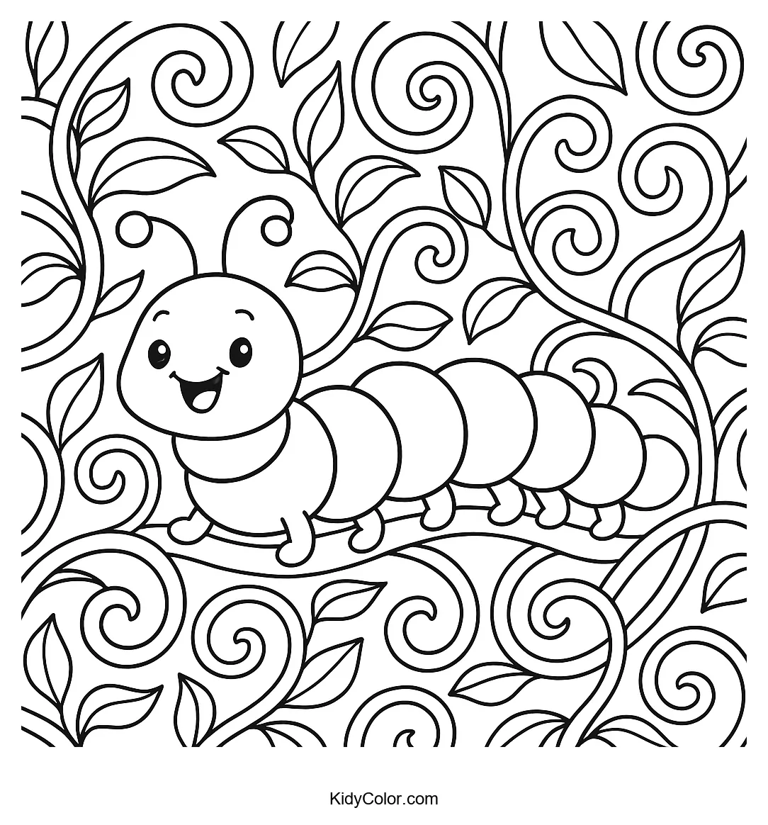 Coloring page of a caterpillar among swirling vines.