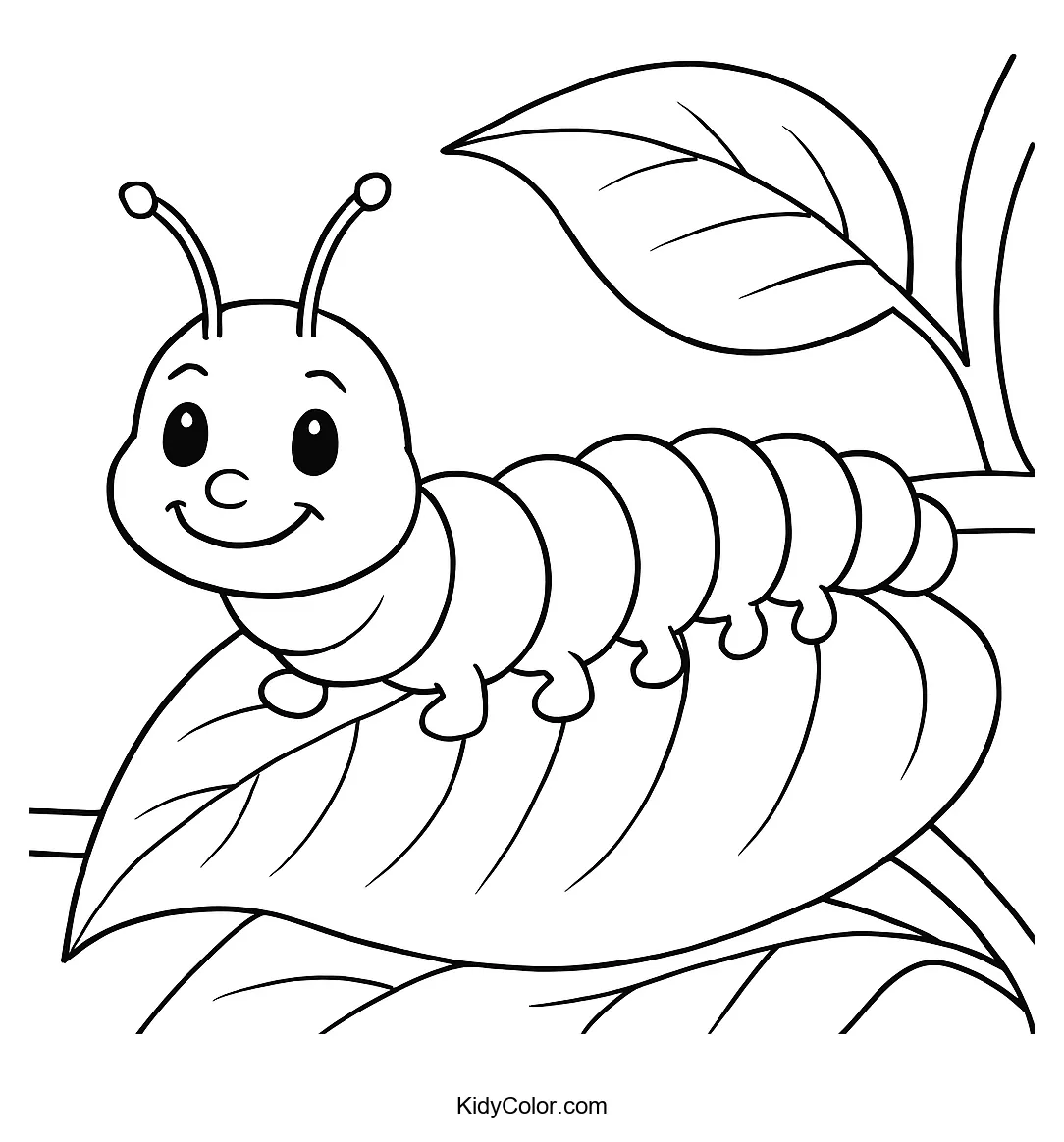 Coloring page of a caterpillar on a leaf