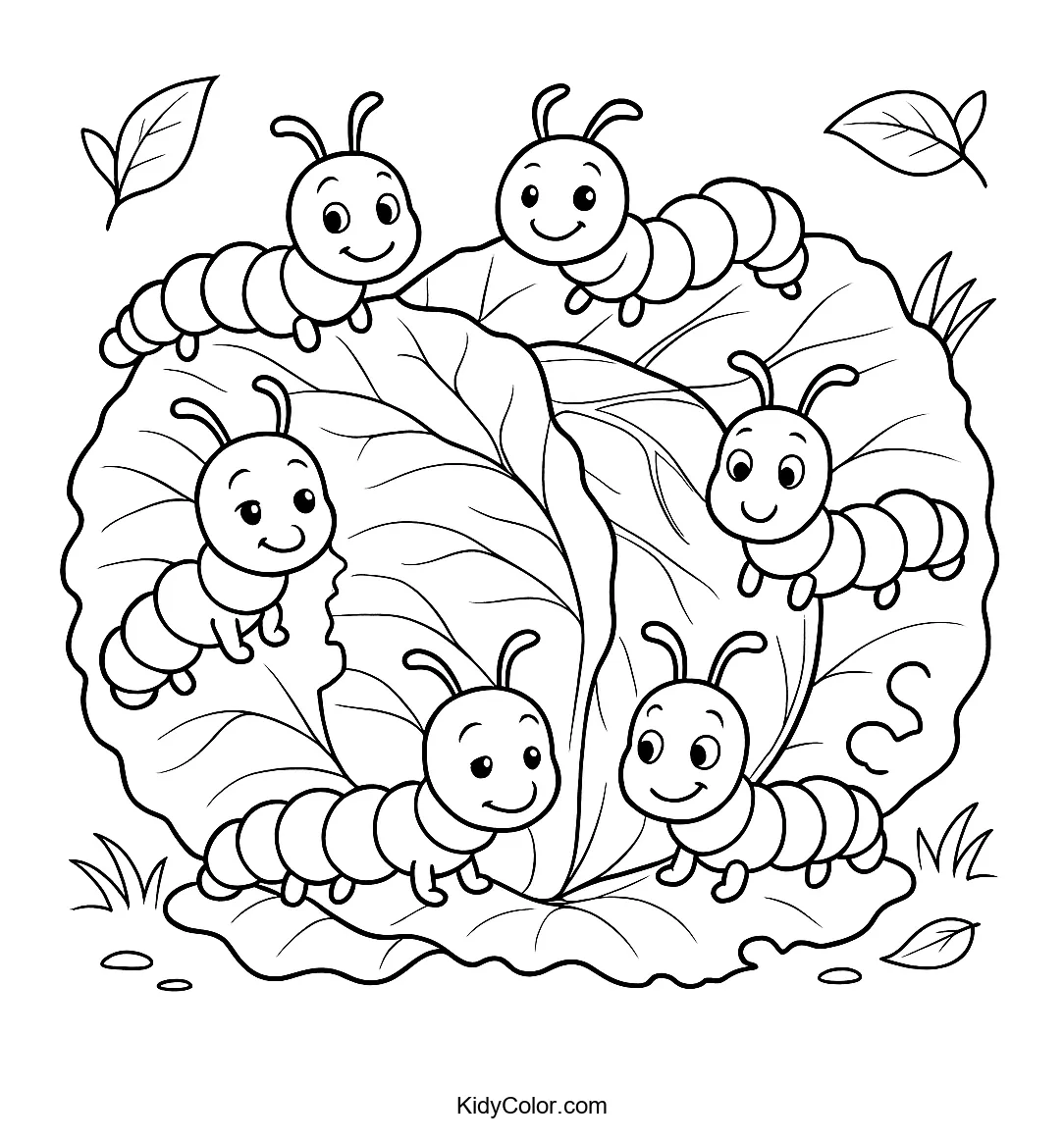Caterpillars on a cabbage leaf coloring page