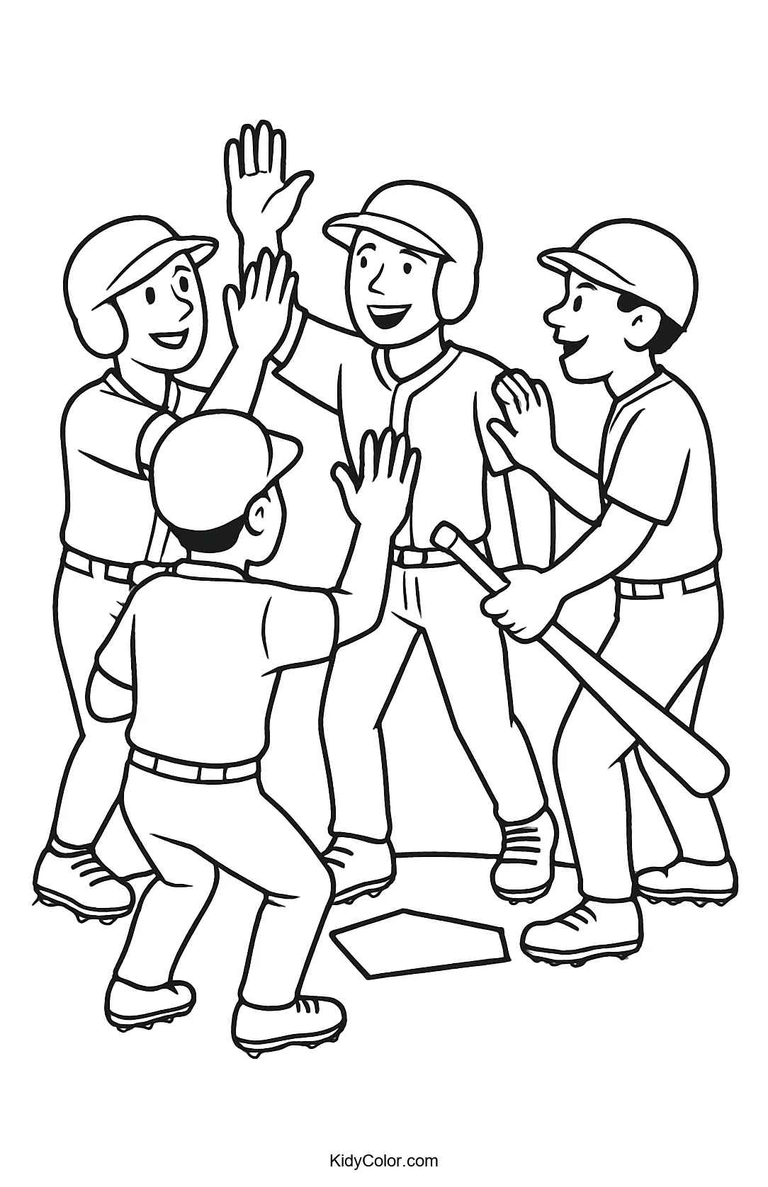 Kids celebrating at home plate on a baseball field