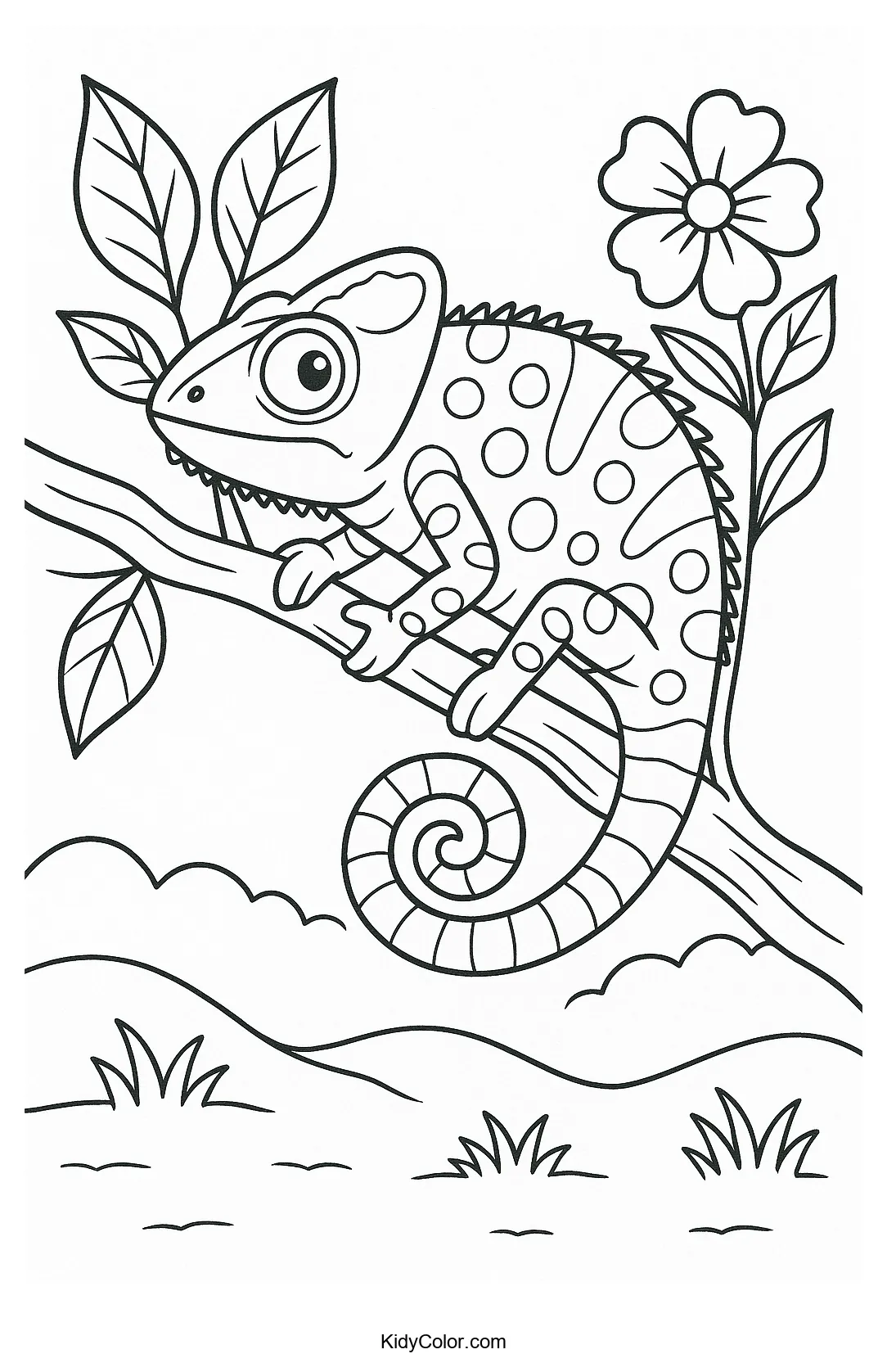 Chameleon on a branch with flowers