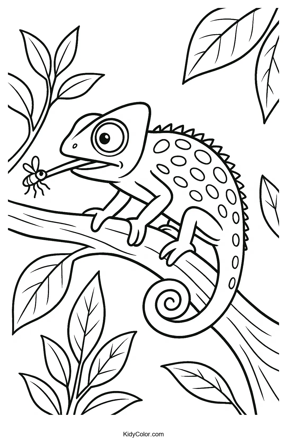 Chameleon on a branch with leaves coloring page