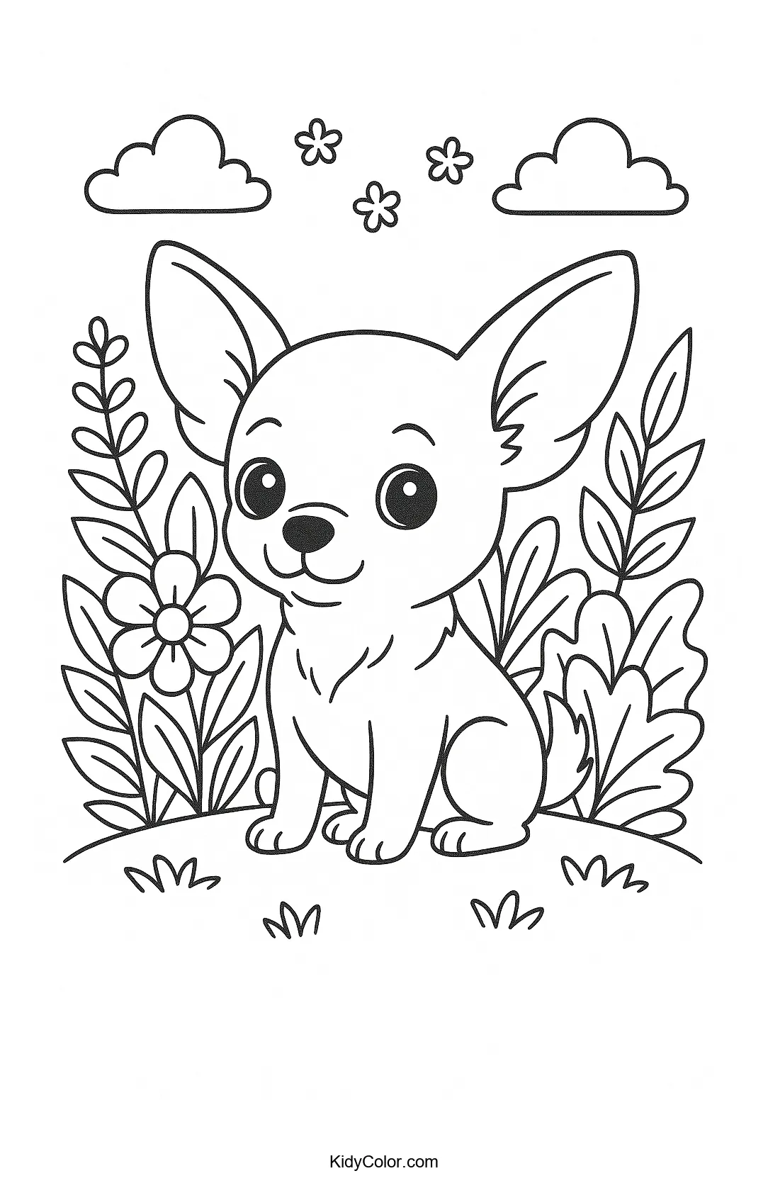 Chihuahua in a floral garden coloring page