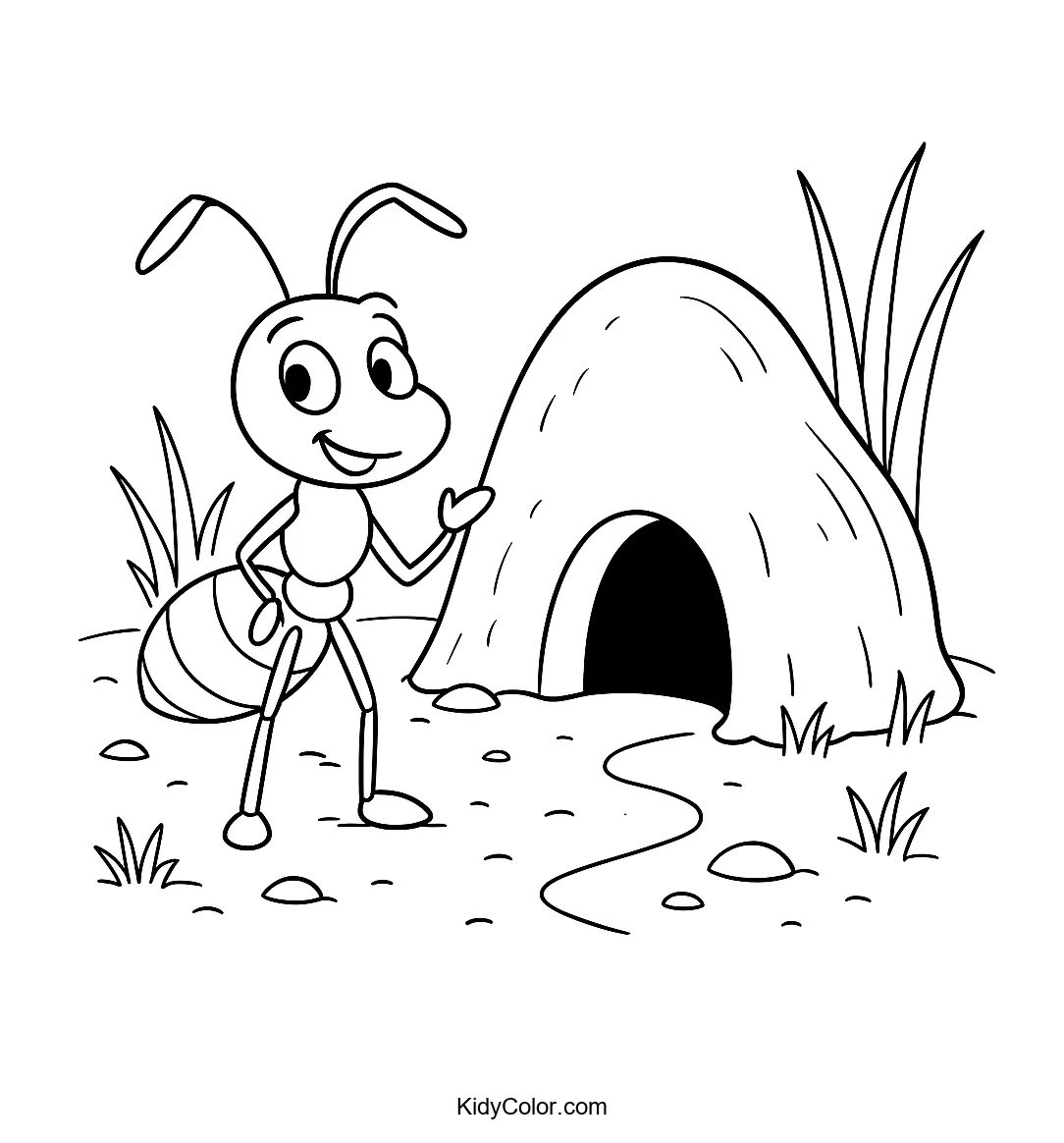 Coloring page of a cheerful ant by an anthill