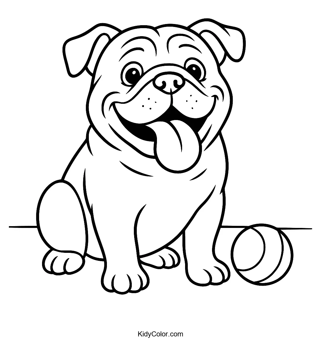 Happy bulldog with a ball coloring page