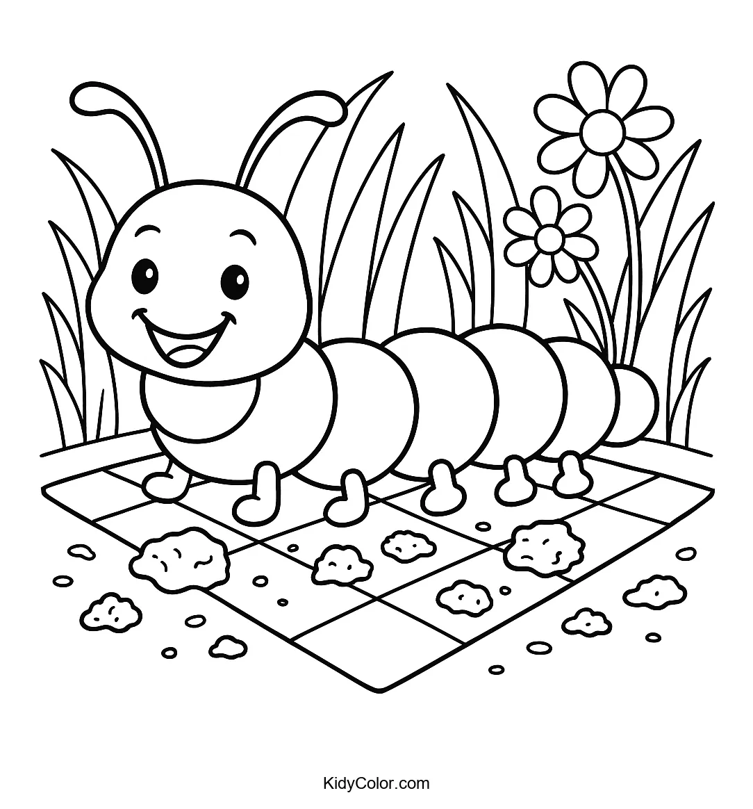 Coloring page of a cheerful caterpillar enjoying a picnic.
