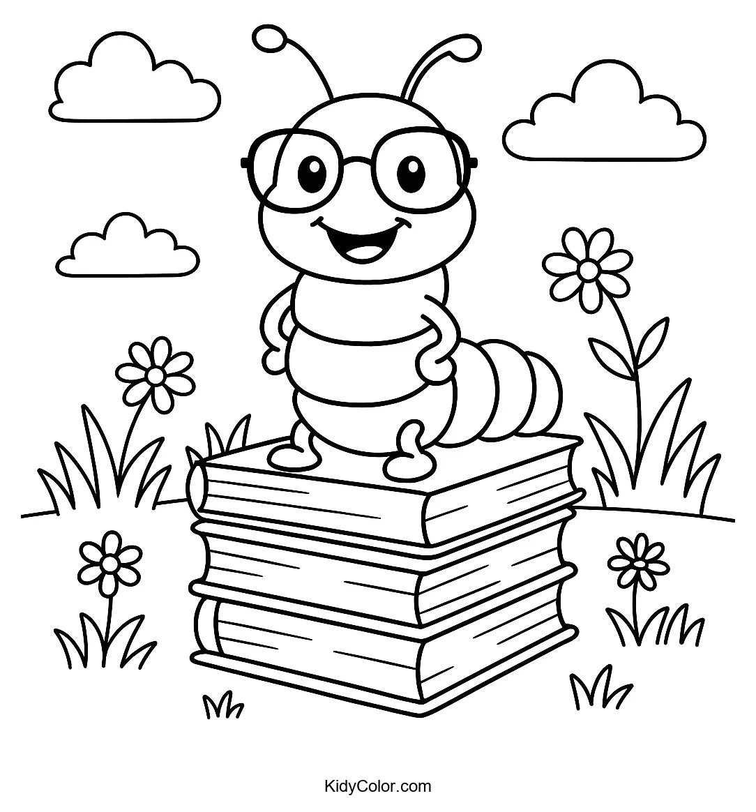 Cheerful caterpillar on books in a natural setting