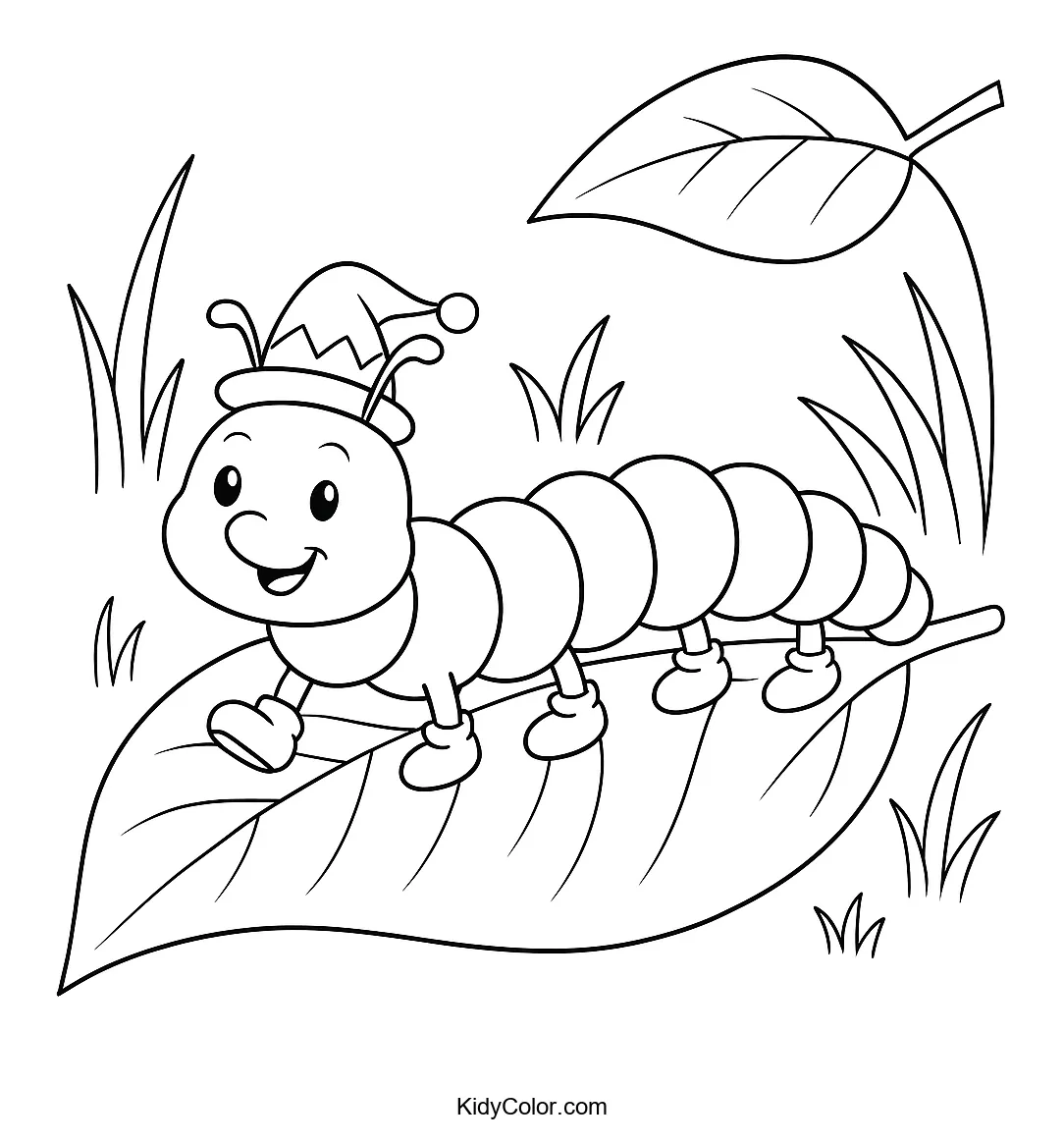 Cartoon caterpillar smiling on a leaf