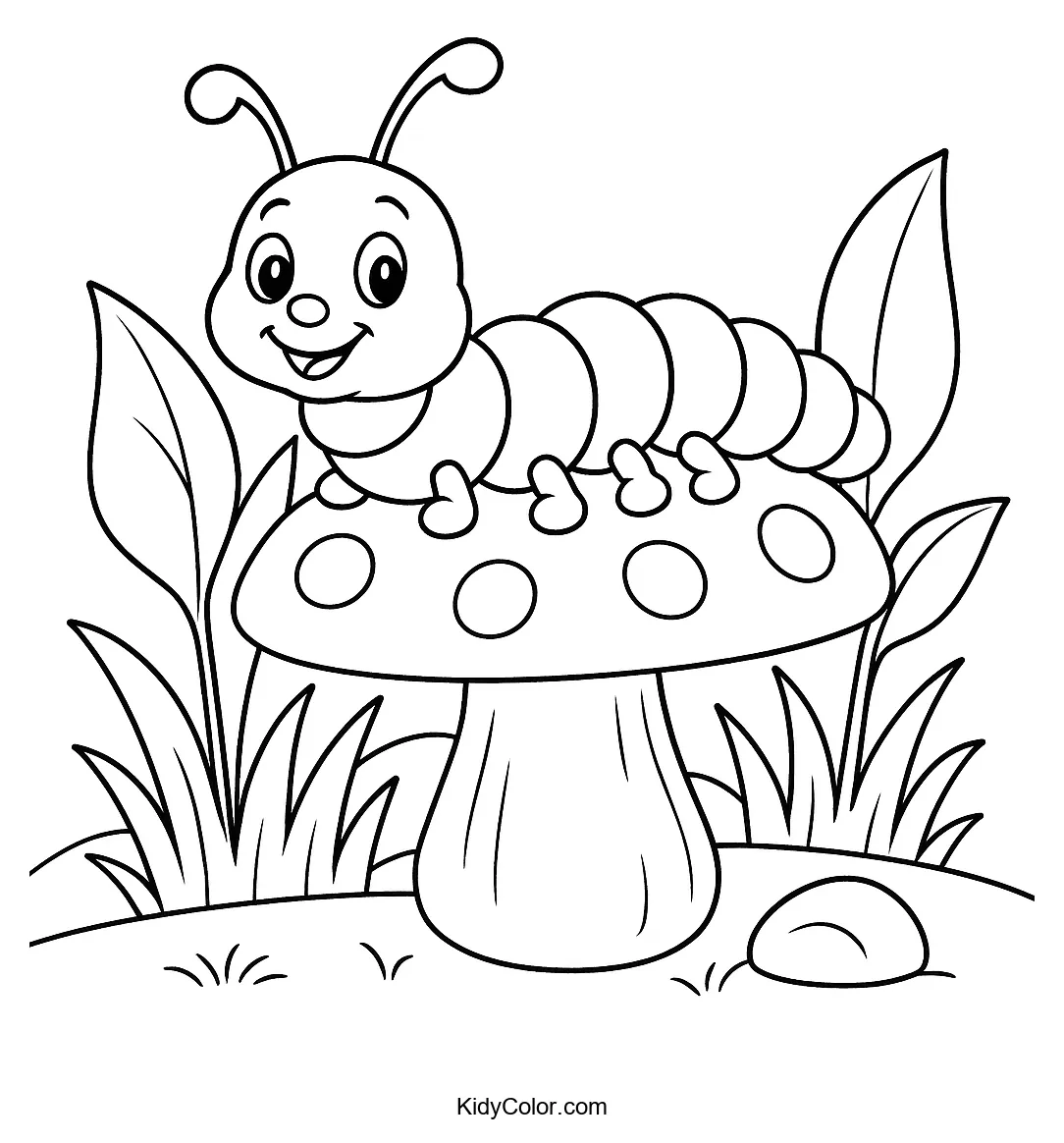Cheerful caterpillar on a mushroom line drawing