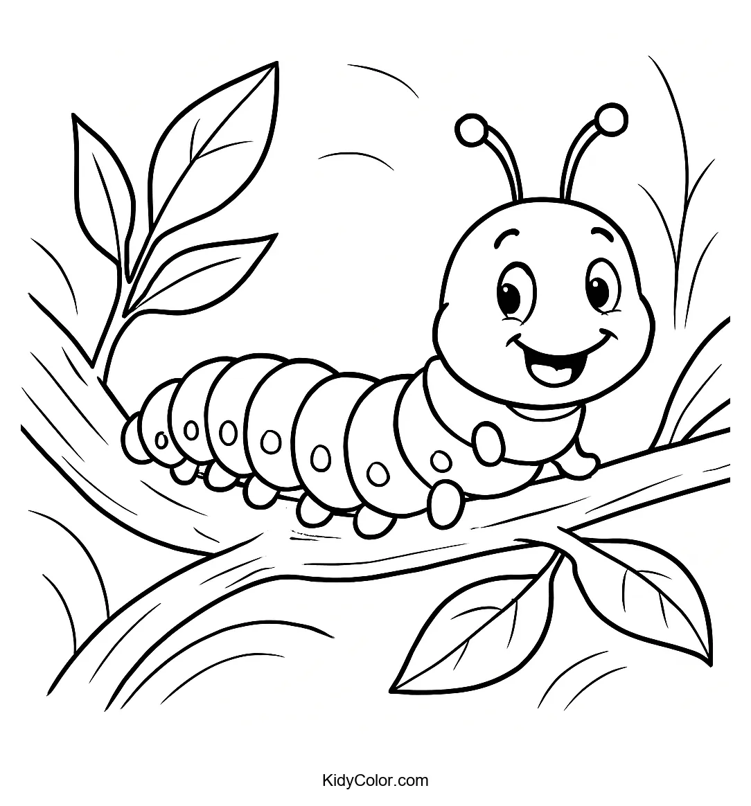 Cheerful caterpillar on a tree branch