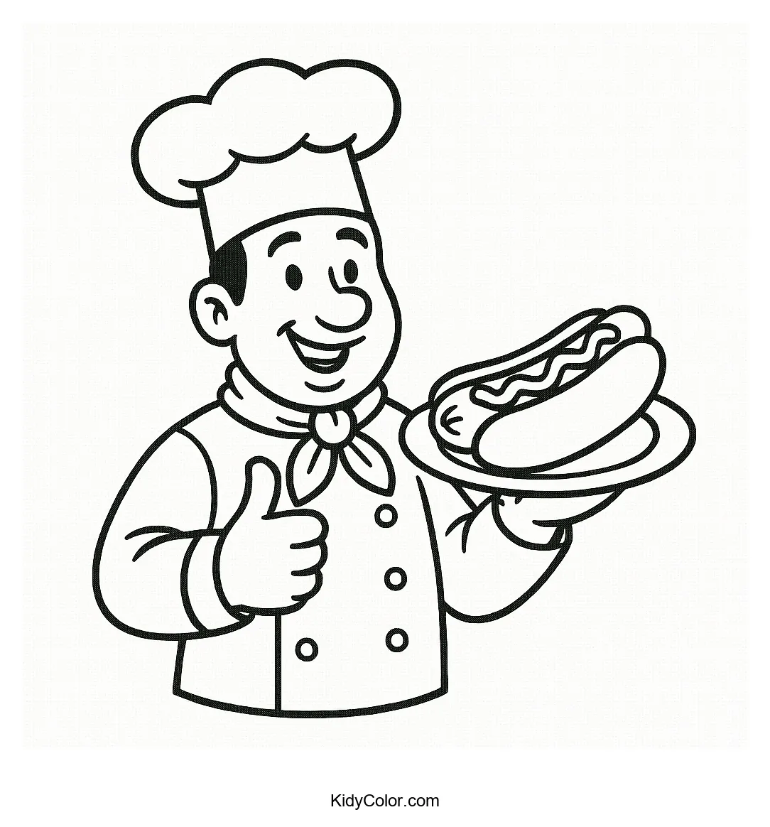 Cheerful chef holding a hot dog