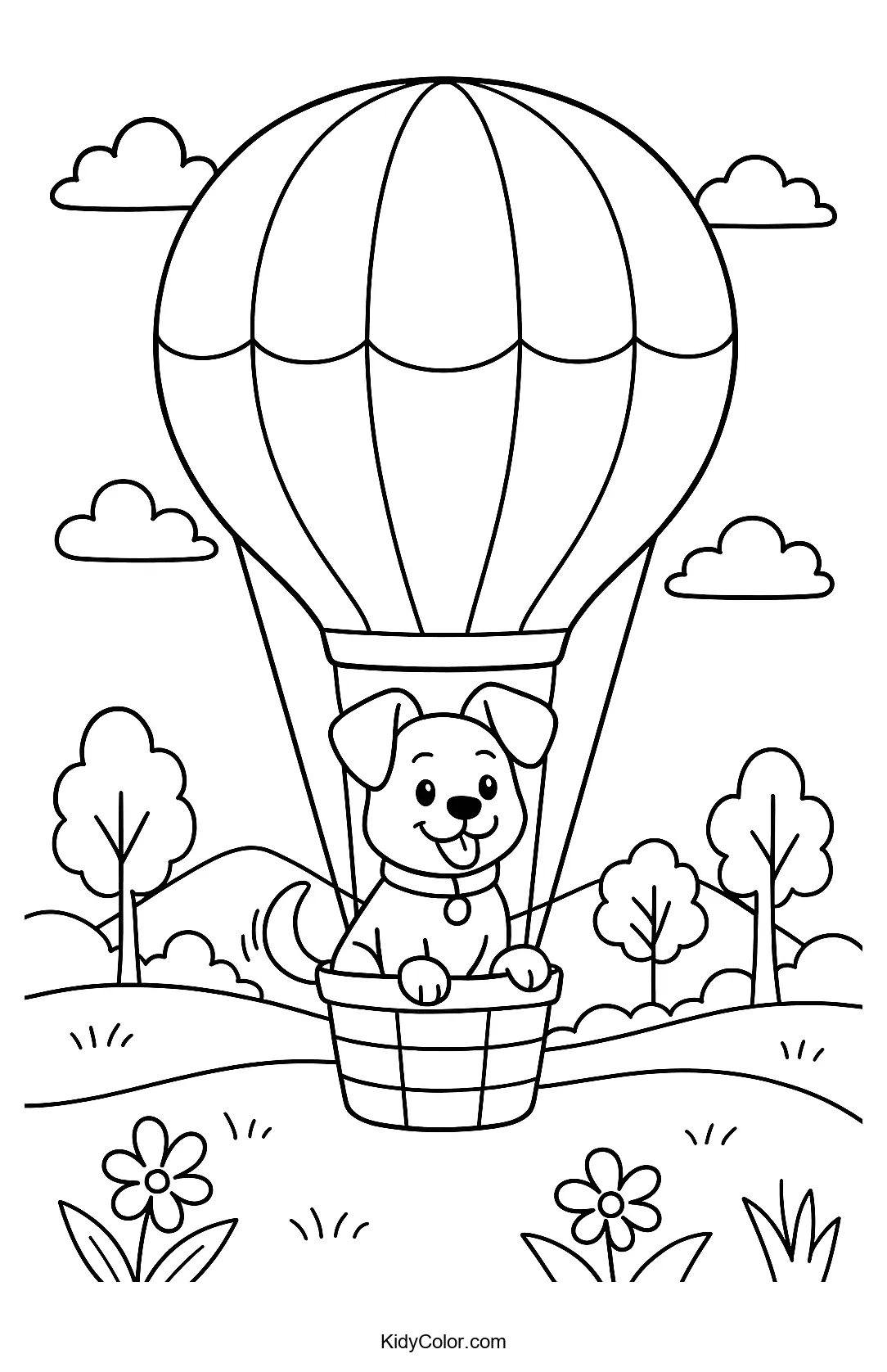 Cheerful dog in a hot air balloon