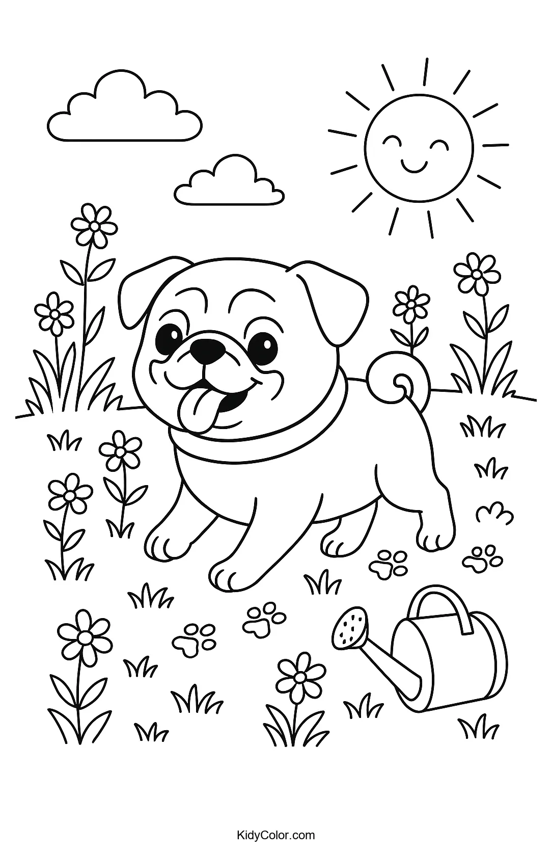 Cheerful pug in a garden paradise