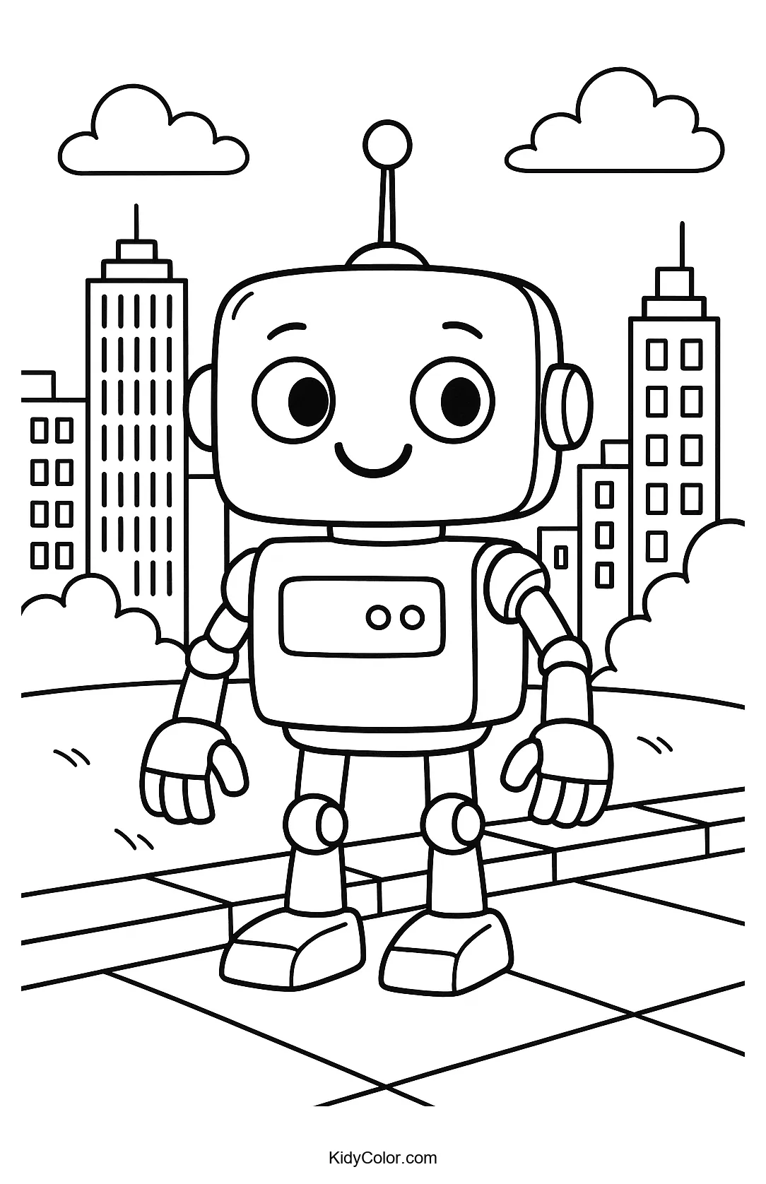 Cheerful robot in a city scene coloring page
