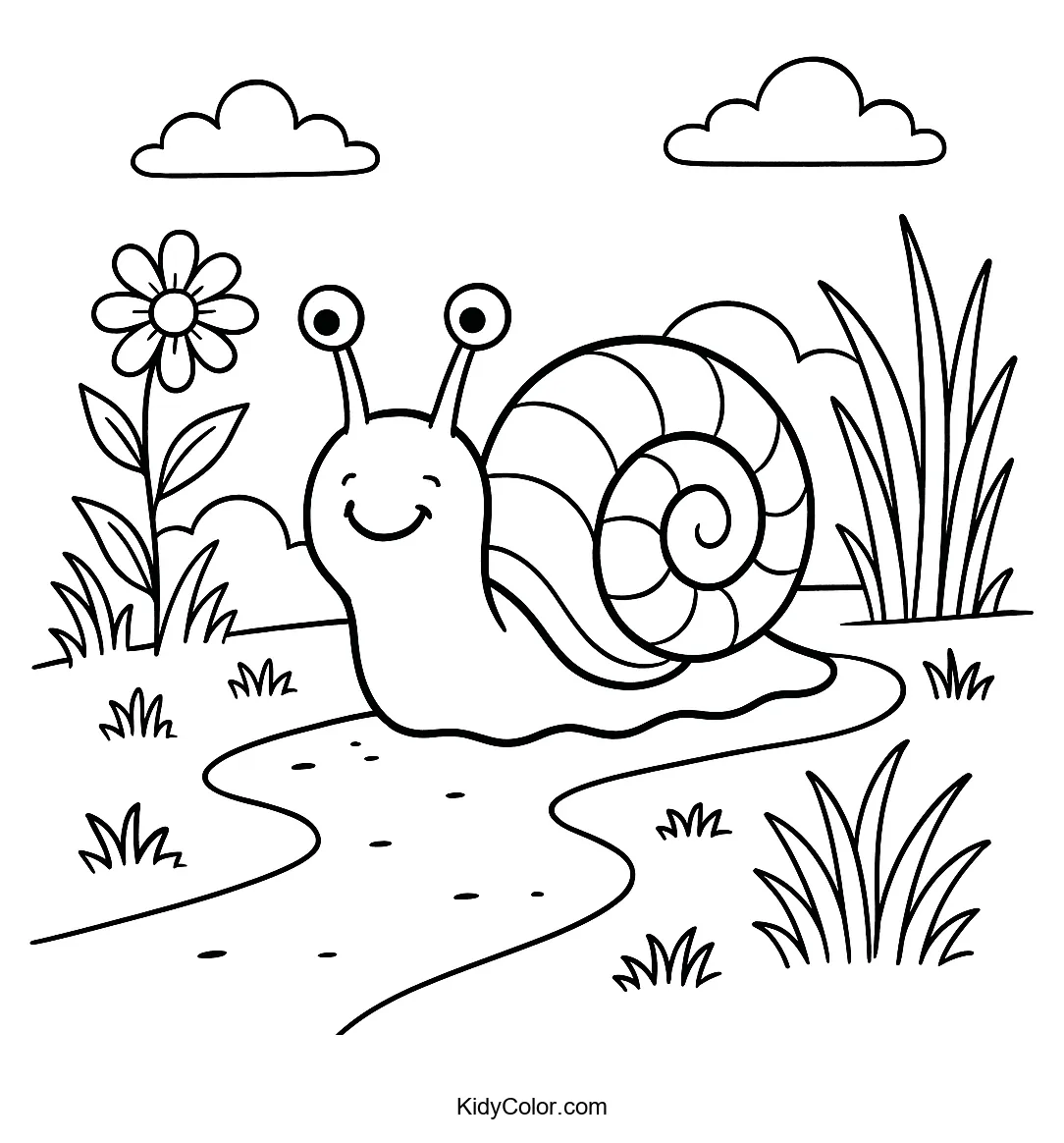 A cheerful snail on a garden path