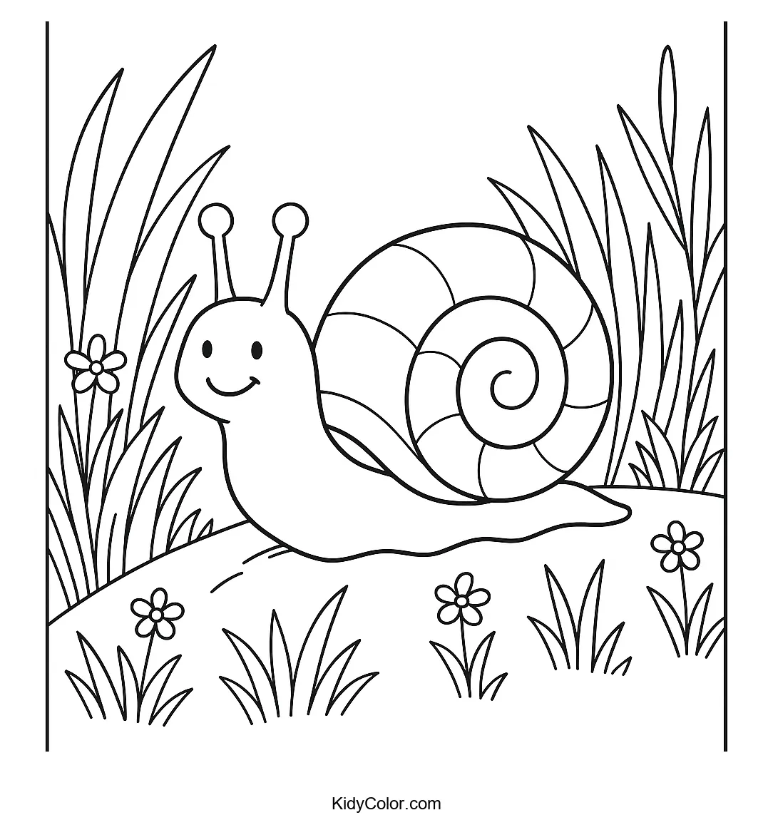 Cheerful snail on a rolling hill coloring page