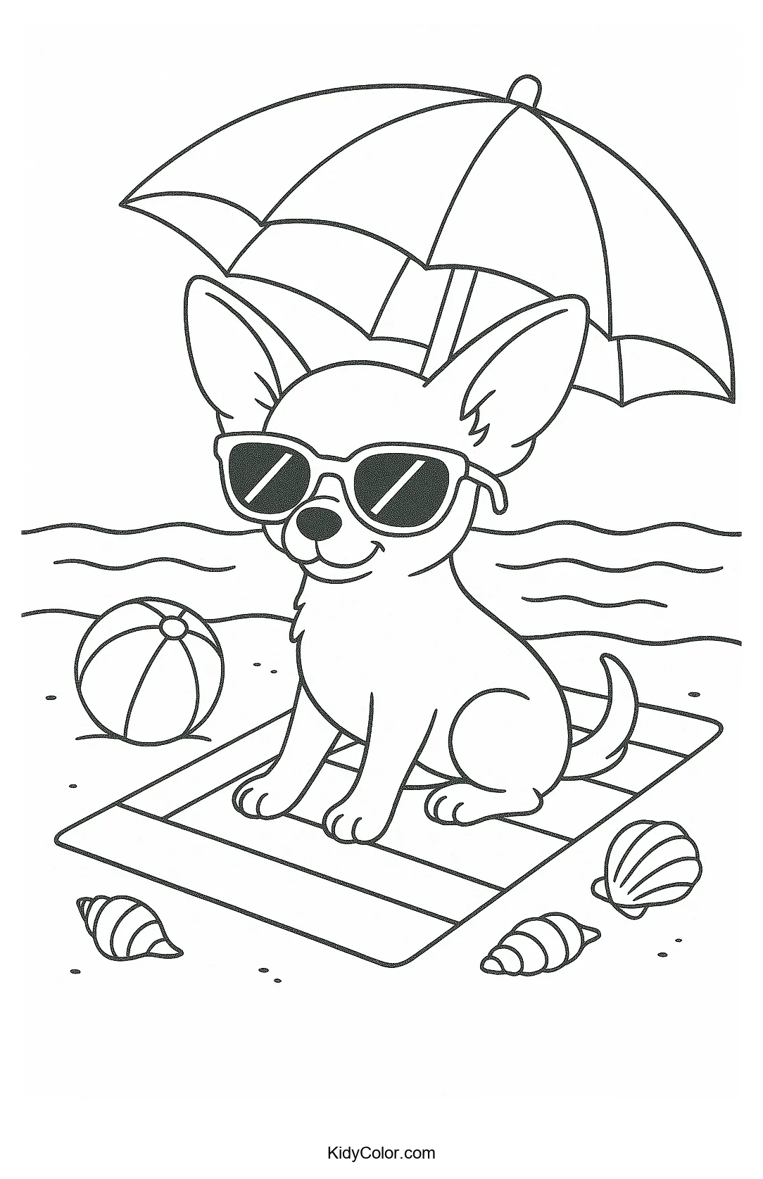 Chihuahua relaxing on a beach towel coloring page