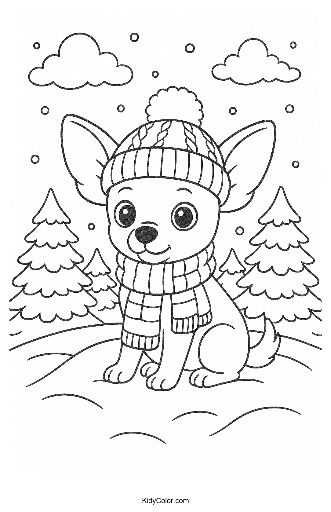 Chihuahua on snowy hilltop coloring page