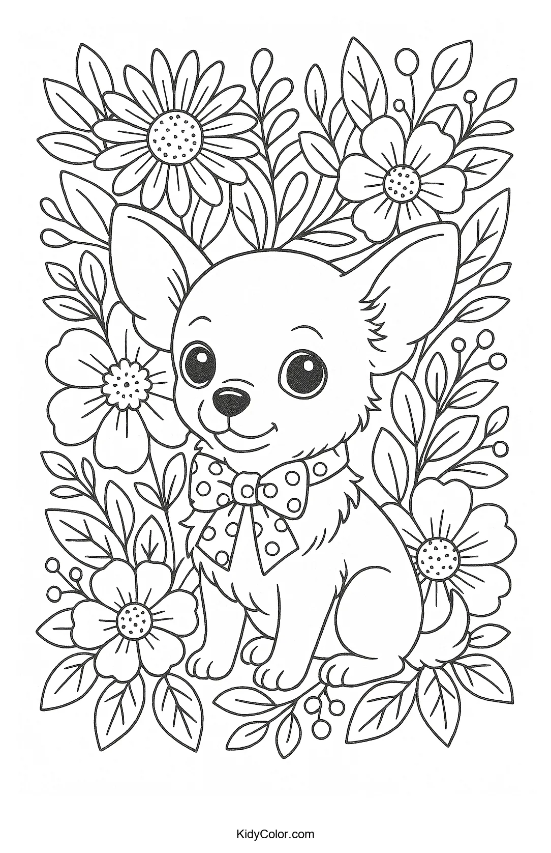 Coloring page of a Chihuahua with flowers