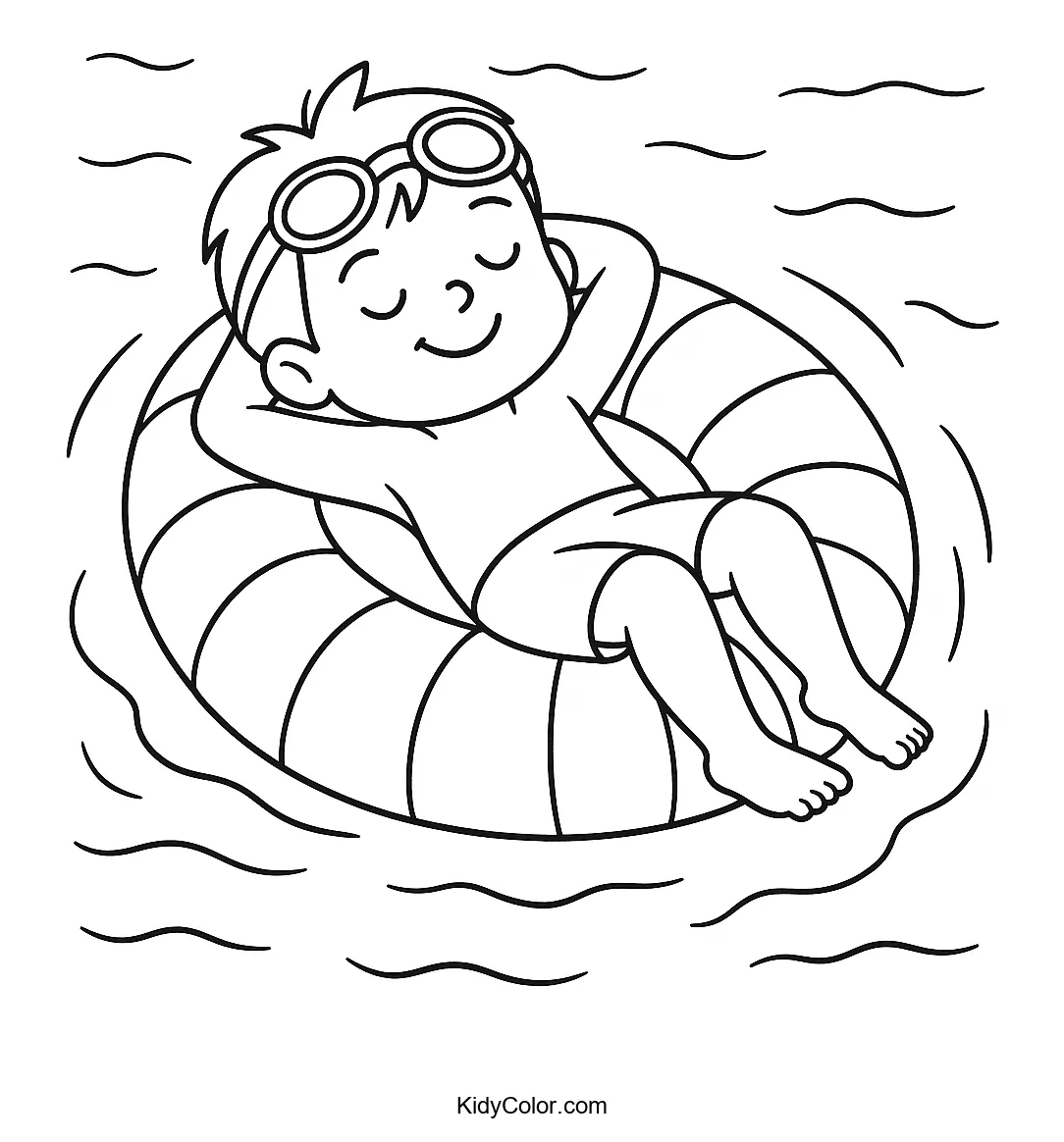 Child floating on inflatable ring coloring page.