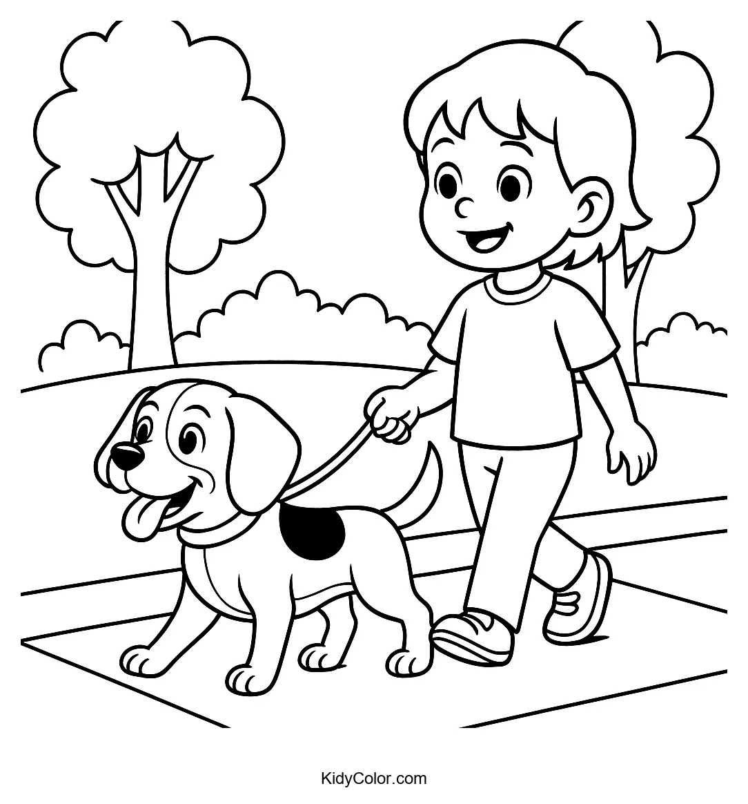 Child walking a beagle in the park coloring page