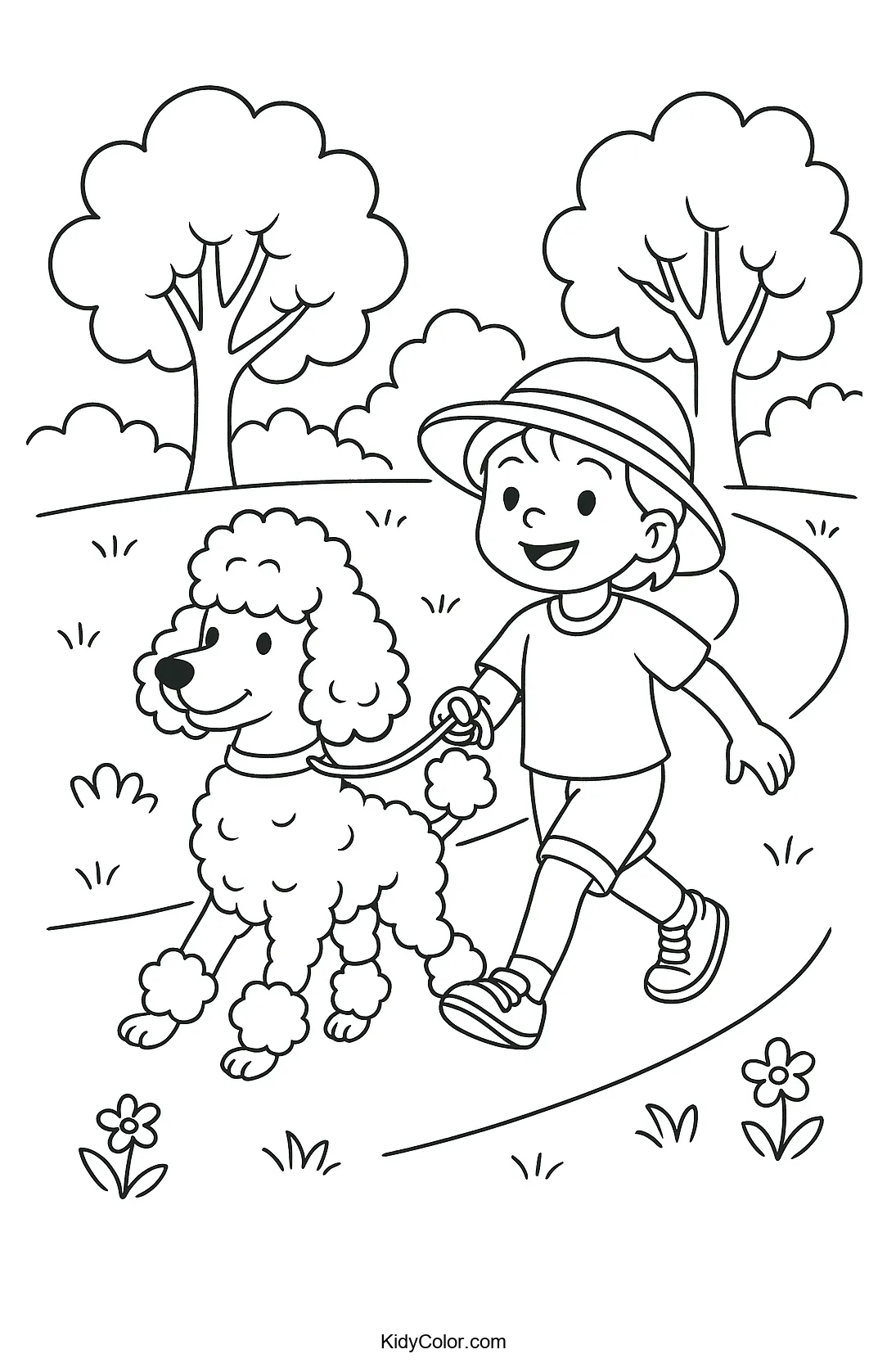 Child with poodle in the park coloring page