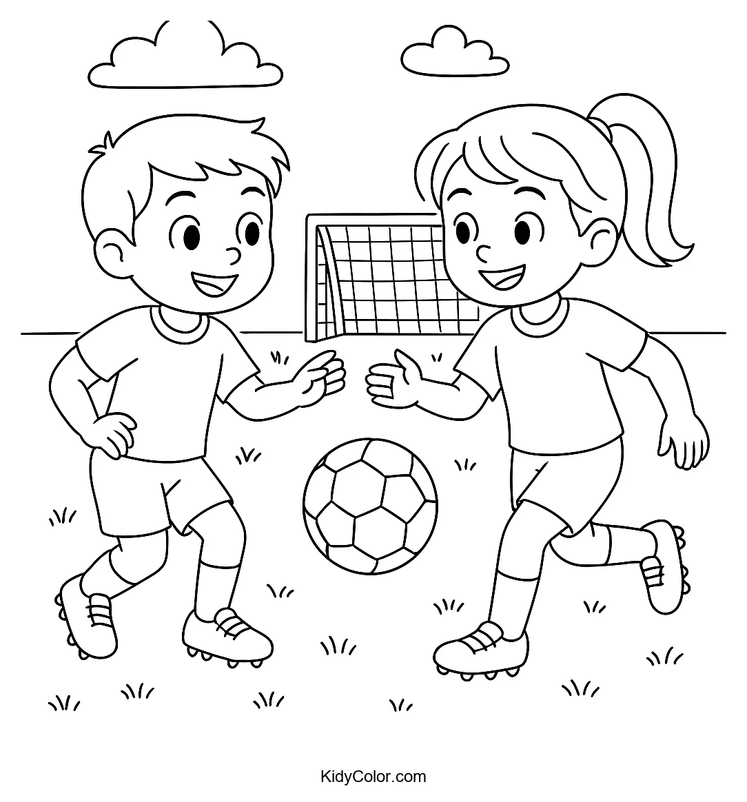 Children playing soccer on a field