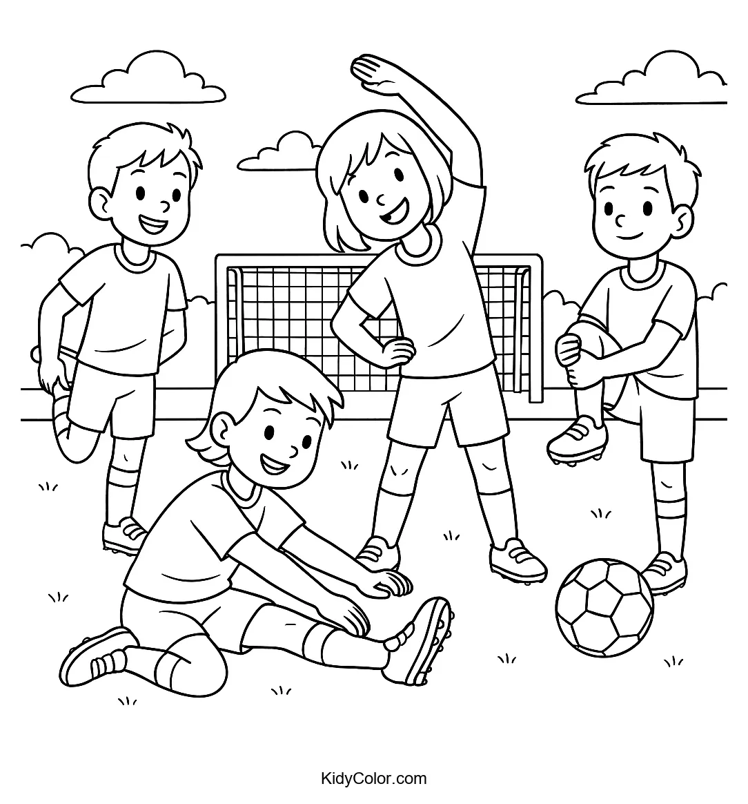 Children stretching on a soccer field