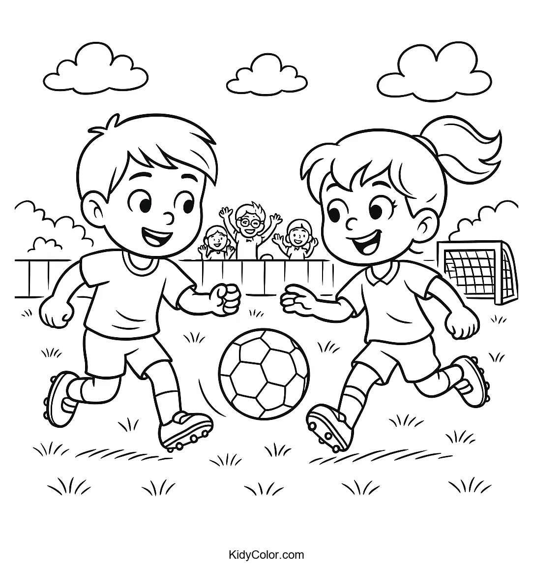 Children's soccer game in action coloring page