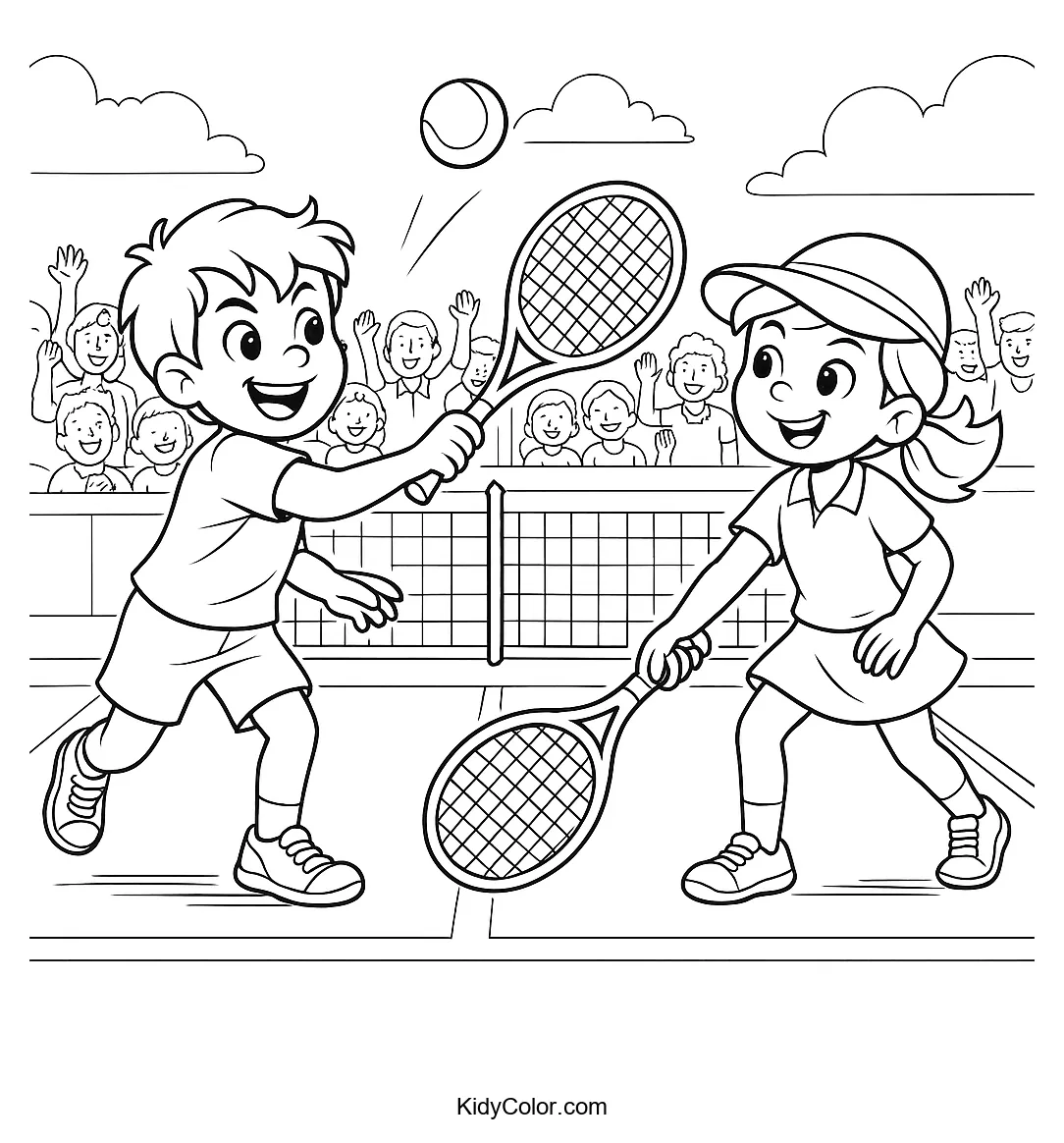 Children's tennis match in motion coloring page