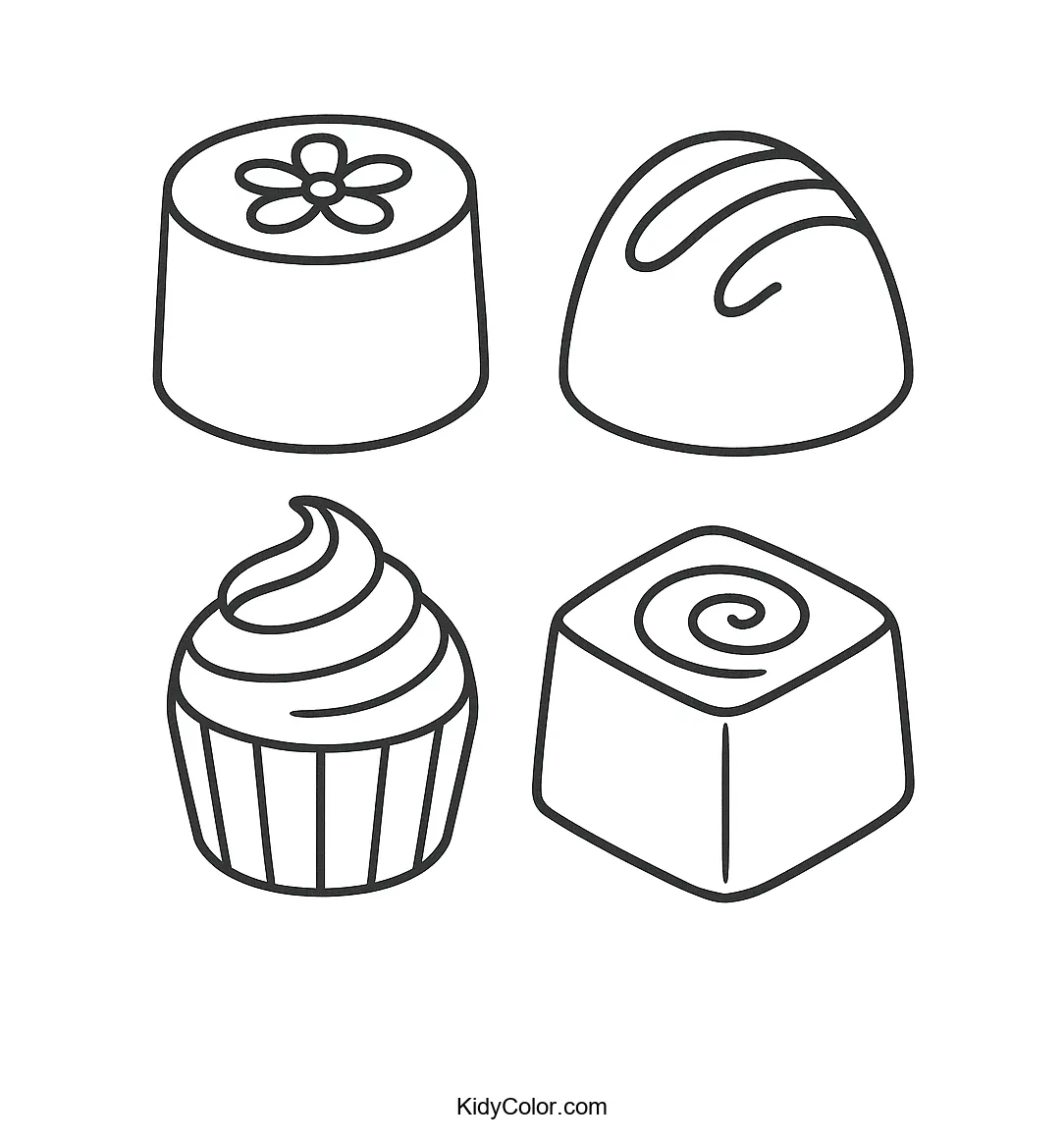Black and white coloring page of chocolate treats