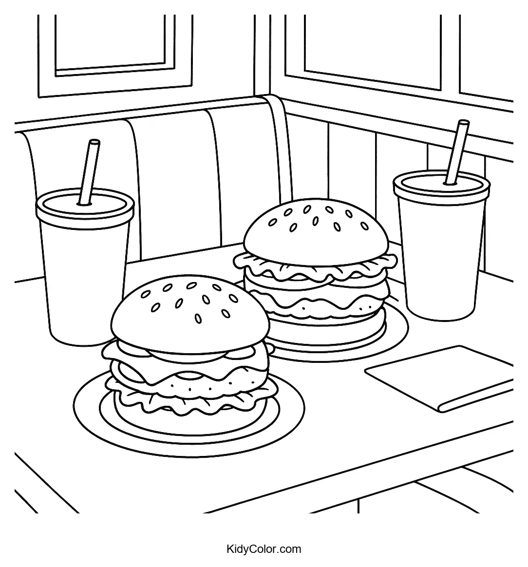 Coloring page of a classic burger diner meal scene