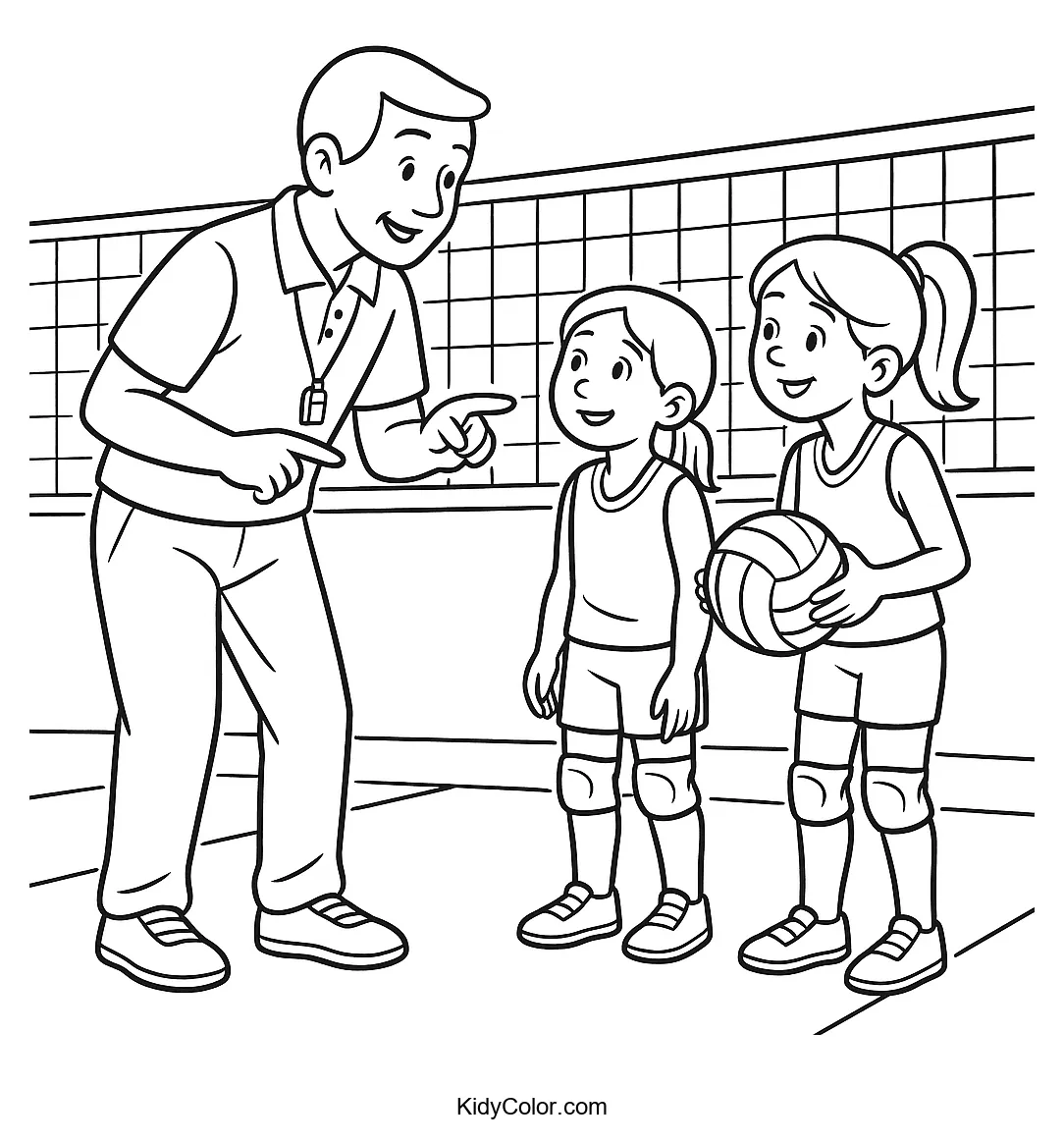 Coloring page of a coach instructing players on a court