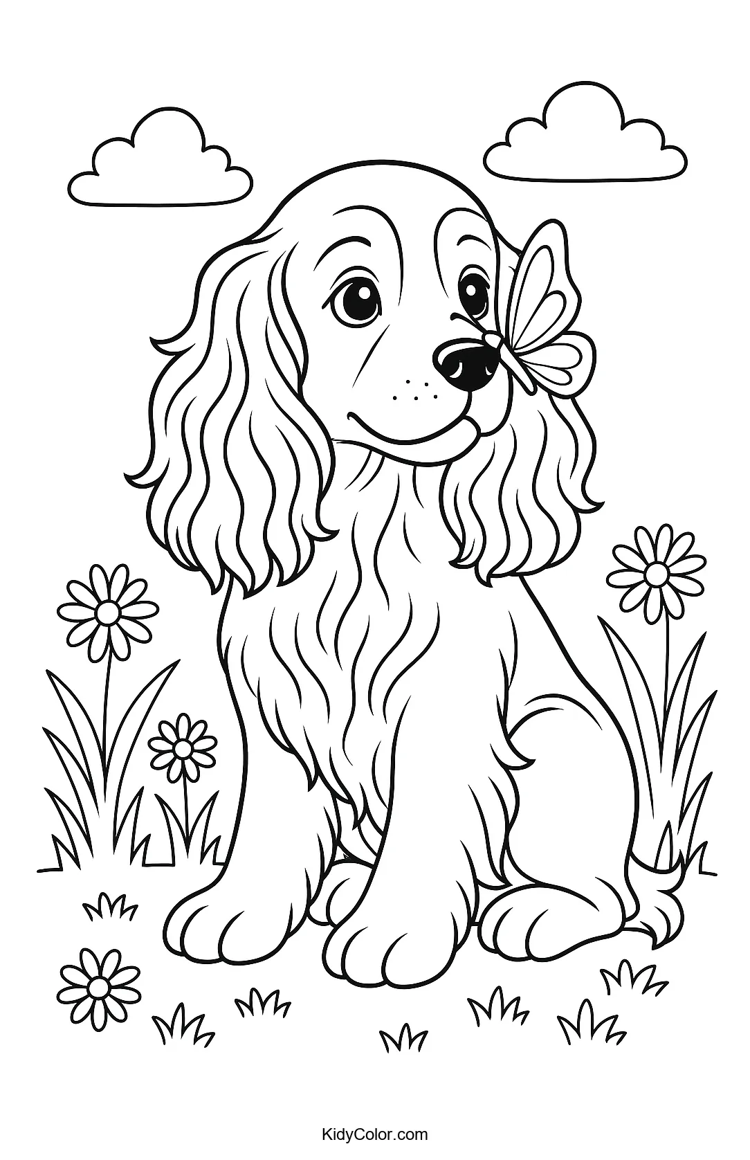 Cocker Spaniel with butterfly in a field coloring page