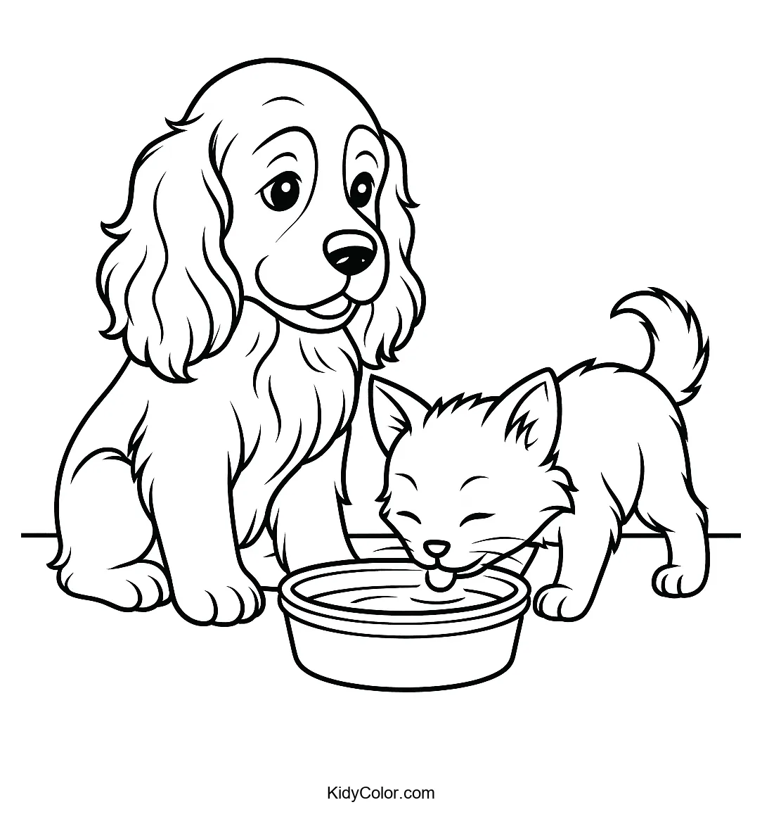 Cocker Spaniel and kitten sharing water coloring page