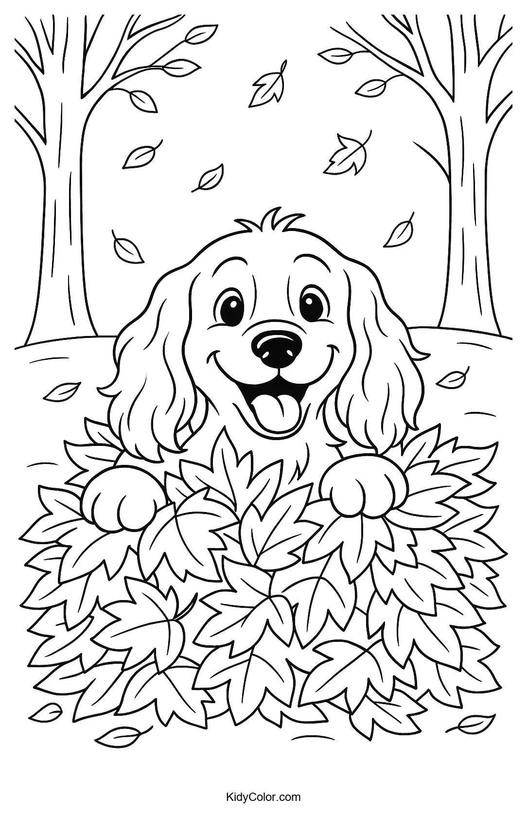 Cocker Spaniel in a pile of autumn leaves