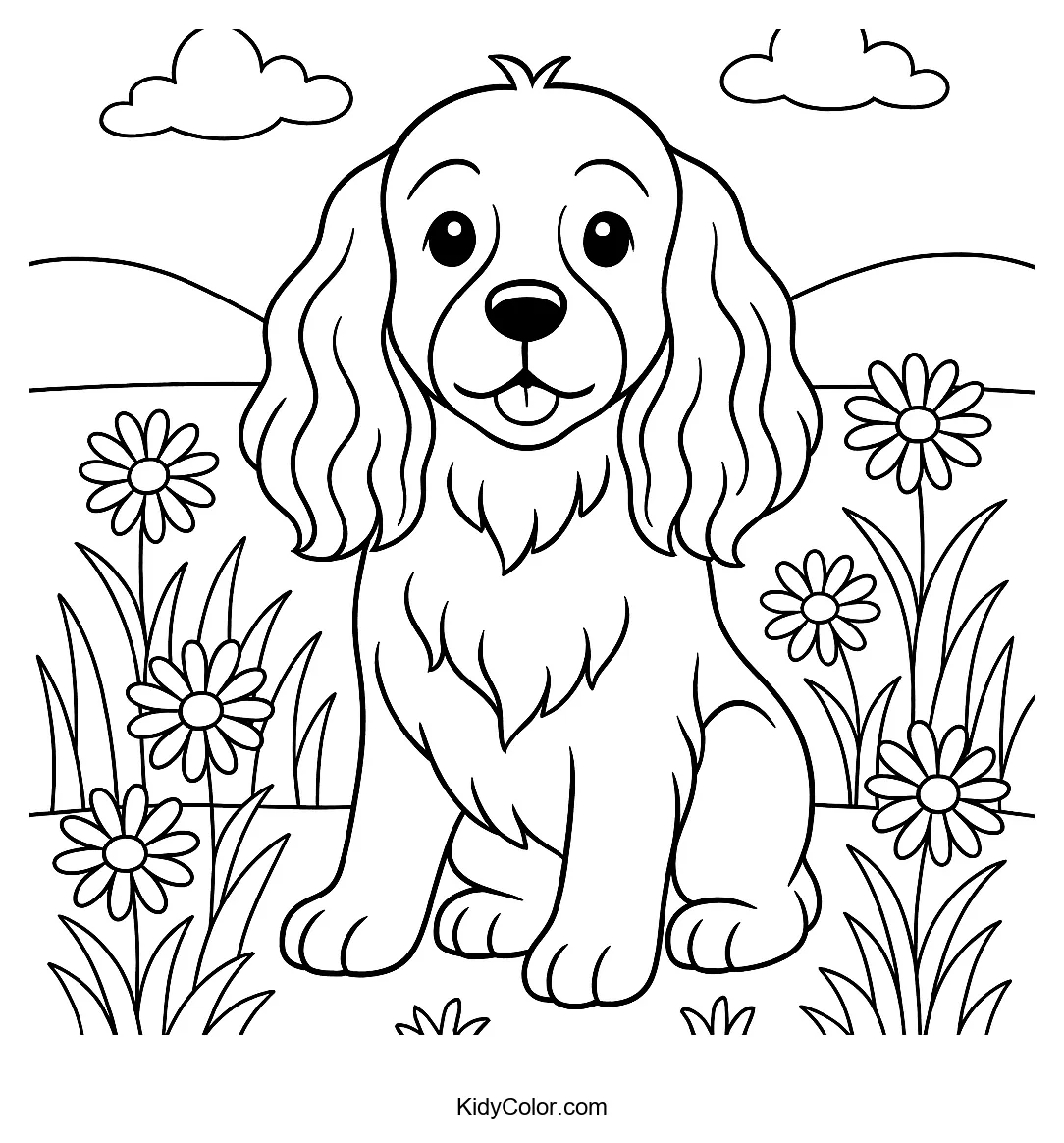 Cocker Spaniel in a field of daisies