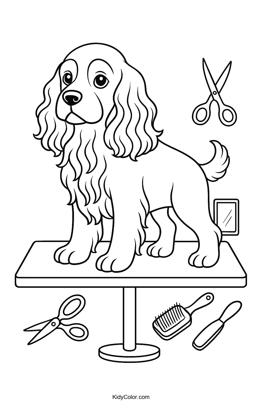 Cocker Spaniel on grooming table line art for coloring