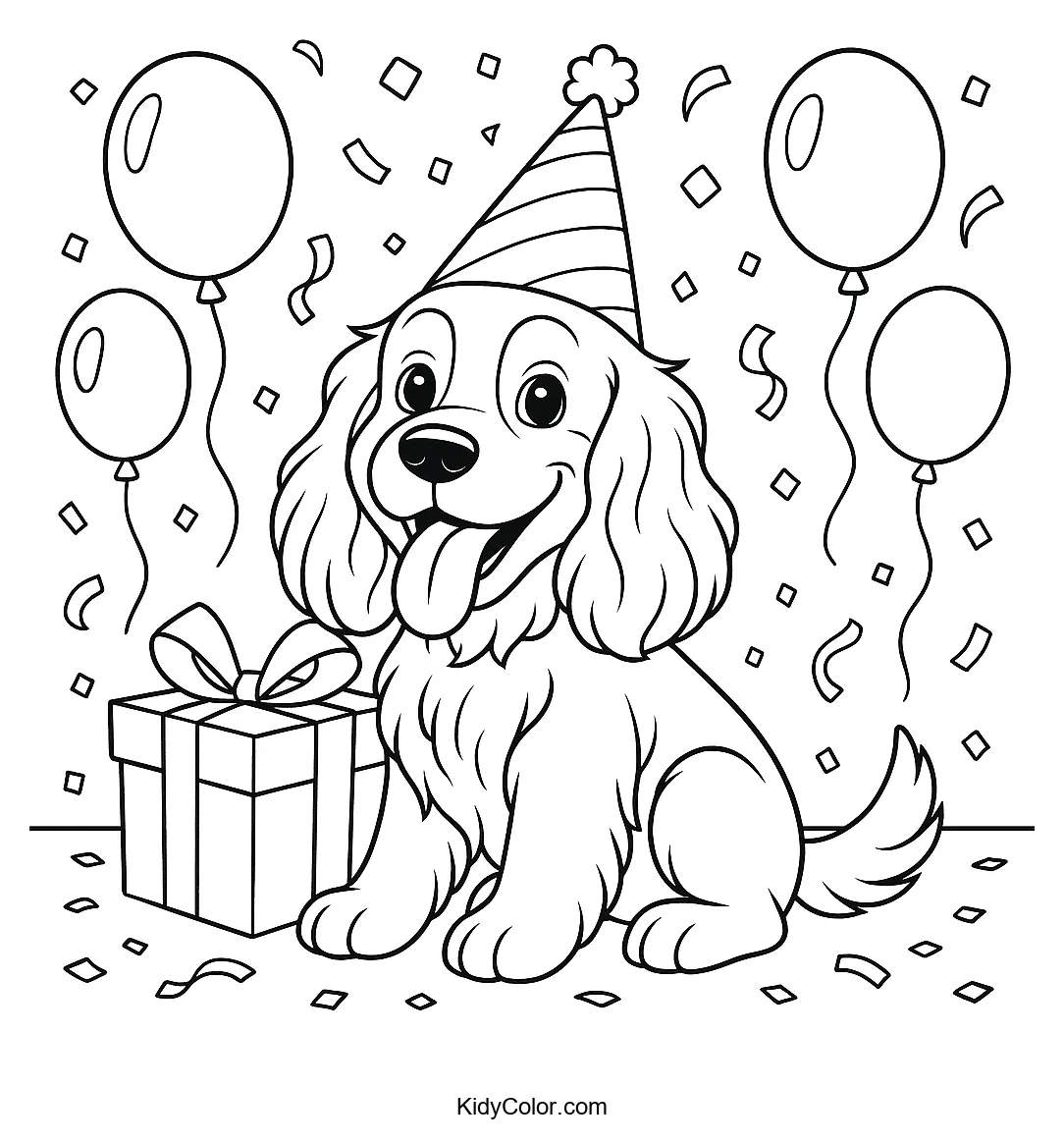 Cocker Spaniel celebrating birthday with cake and balloons